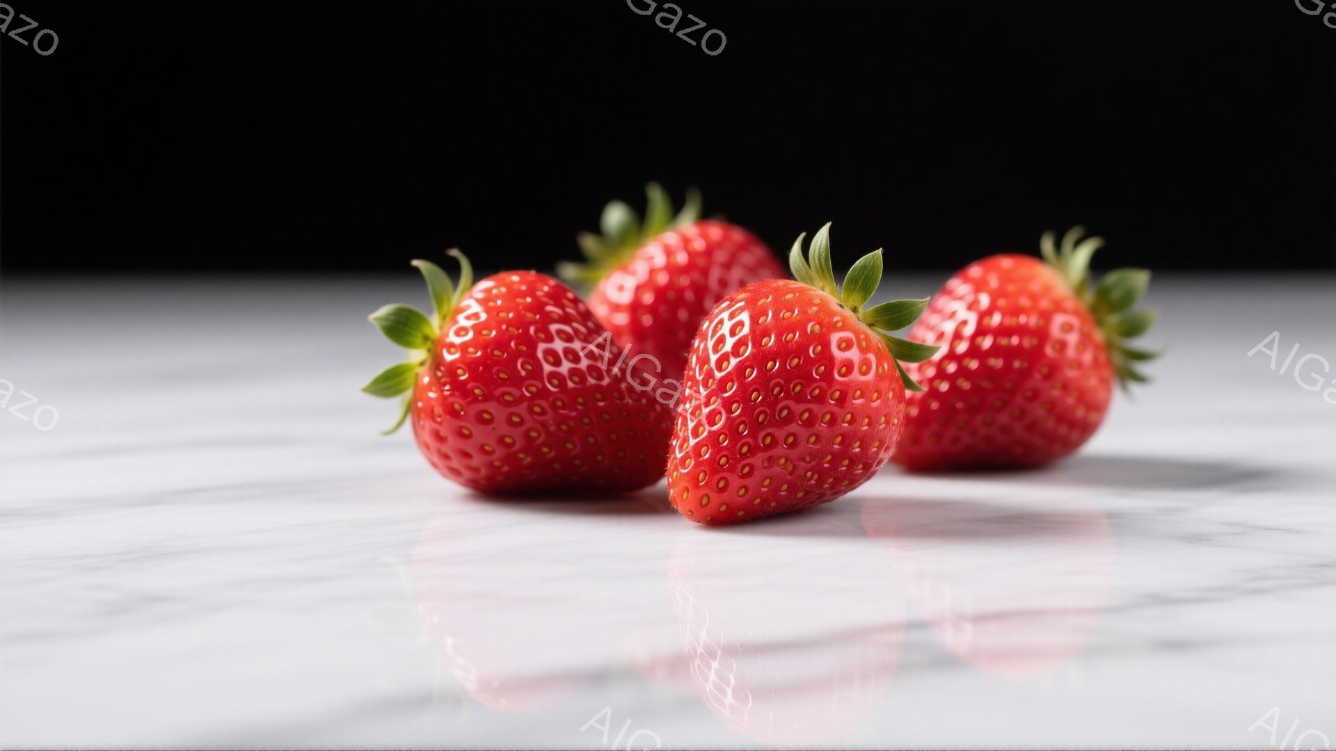 画像には、滑らかな大理石の表面に置かれた、鮮やかな赤色のイチゴが4つ並んでいます。イチゴはそれぞれ緑色の葉が付いており、表面には種が密集しています。背景は暗く、イチゴの鮮やかさを際立たせており、全体的にシンプルで洗練された雰囲気を醸し出しています。