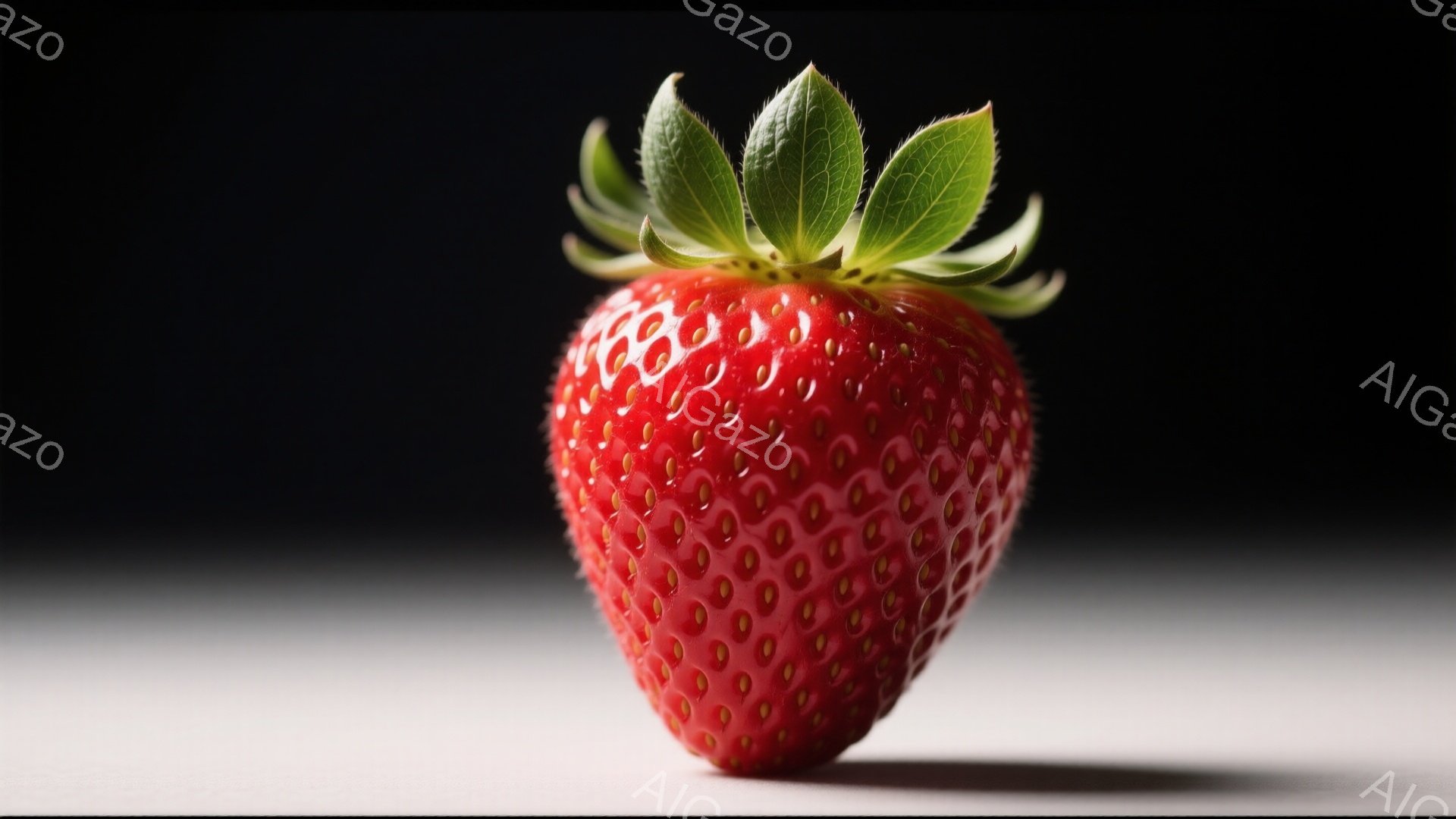 この画像は、鮮やかな赤いイチゴが中央に配置されています。イチゴは緑色の葉に囲まれ、表面には小さな種が密に散りばめられています。背景は白からグレーへのグラデーションで、イチゴが際立つように影がつけられています。