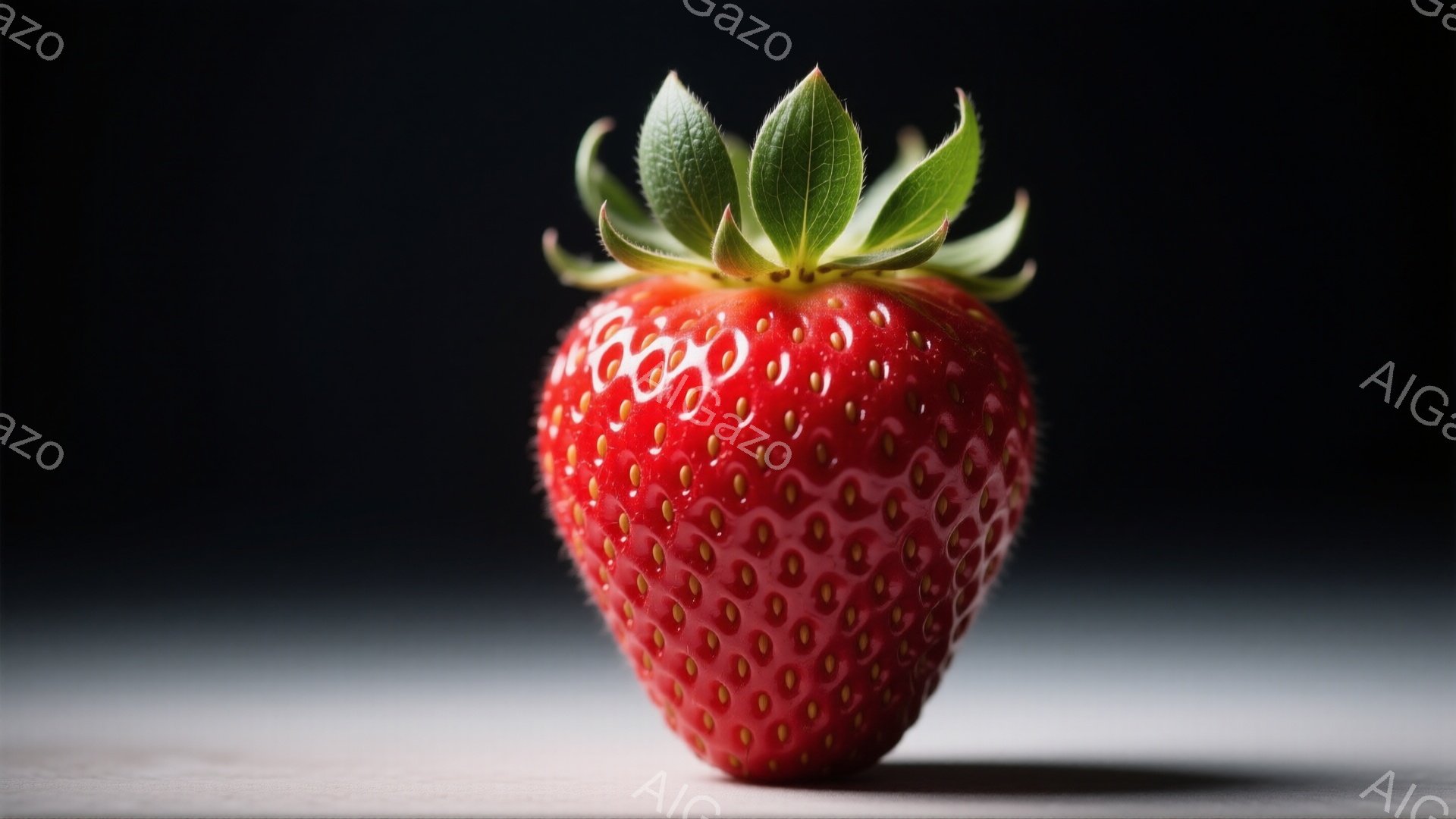 鮮やかな赤いイチゴが、白い背景に影を落として際立っています。実全体が小さな種で覆われ、緑色の葉が上部に付いています。光の当たり方から、イチゴは丸みを帯びた形状であることが分かります。