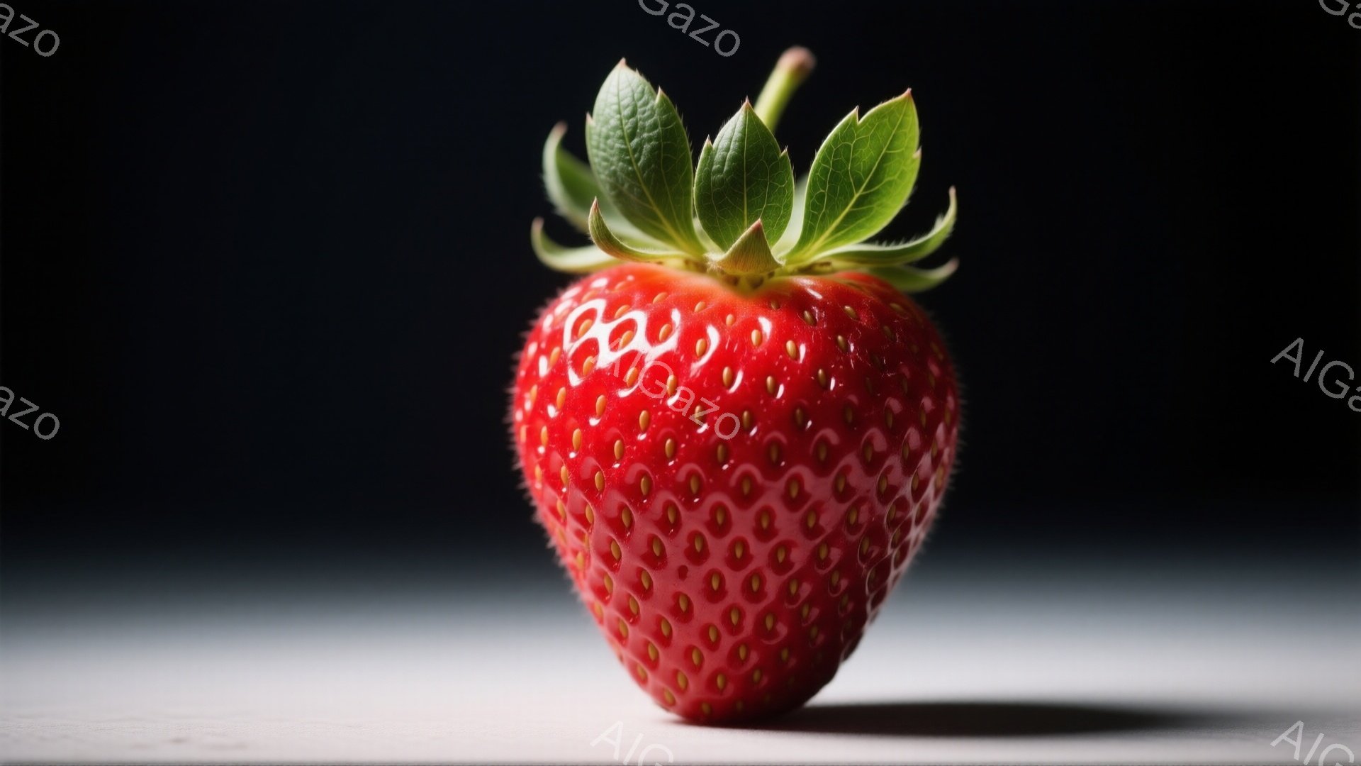 鮮やかな赤いイチゴが、白いテーブルの上に置かれています。緑色の葉が、イチゴのヘタの部分に生い茂り、鮮やかなコントラストを生み出しています。背景は暗く、イチゴが際立つようにスポットライトが当たっており、全体的に落ち着いた雰囲気です。