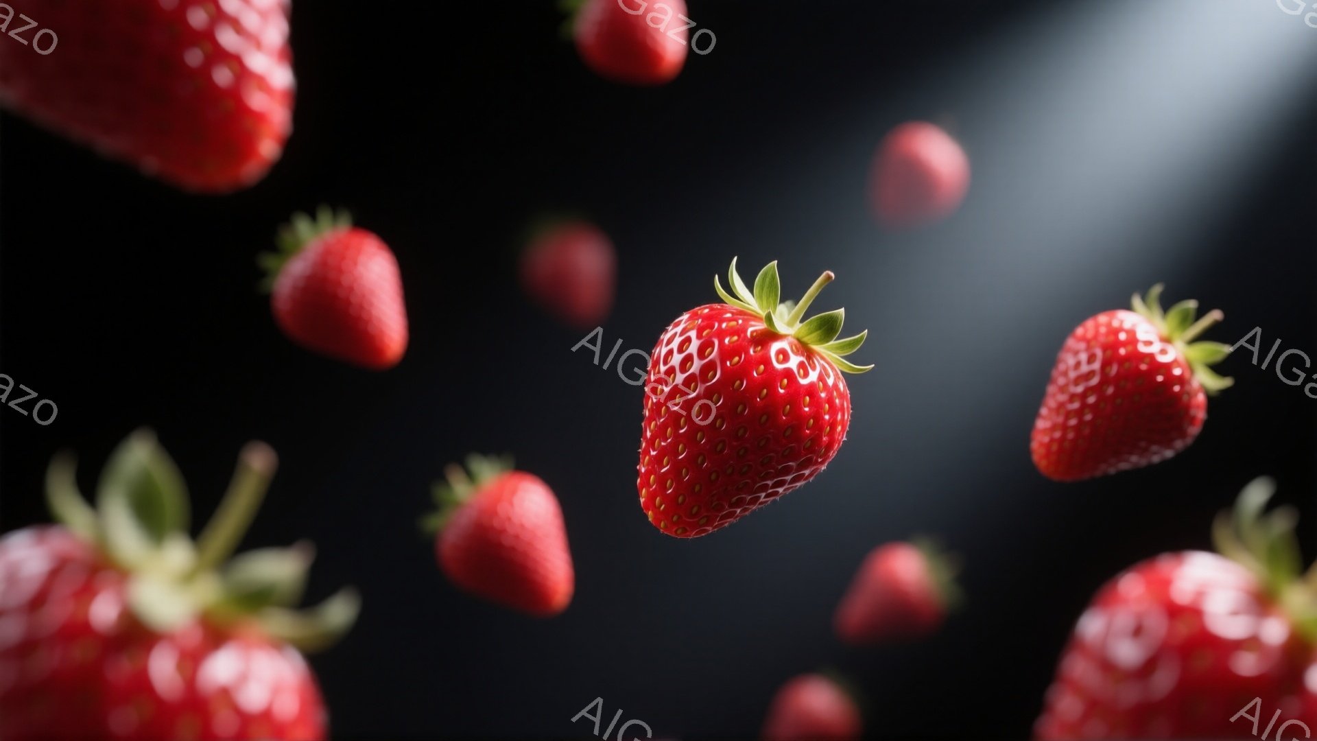 鮮やかな赤いイチゴが黒い背景に浮かび、まるで空中で踊っているかのような印象を与えます。イチゴはそれぞれ緑色の葉が付いており、瑞々しく、食欲をそそる様子が表現されています。全体的に、力強く、鮮やかで、生命力溢れる雰囲気が漂っています。