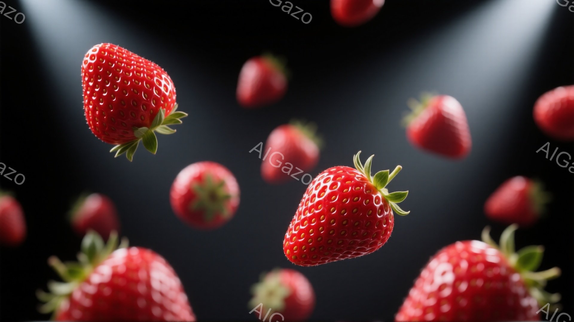 画像全体は、暗い背景に浮かぶイチゴが多数写されたものです。イチゴは鮮やかな赤色で、緑色の葉と萼がついており、まるで空中で舞っているかのように配置されています。光がイチゴに当たっているため、表面の質感が強調され、みずみずしさが伝わってきます。