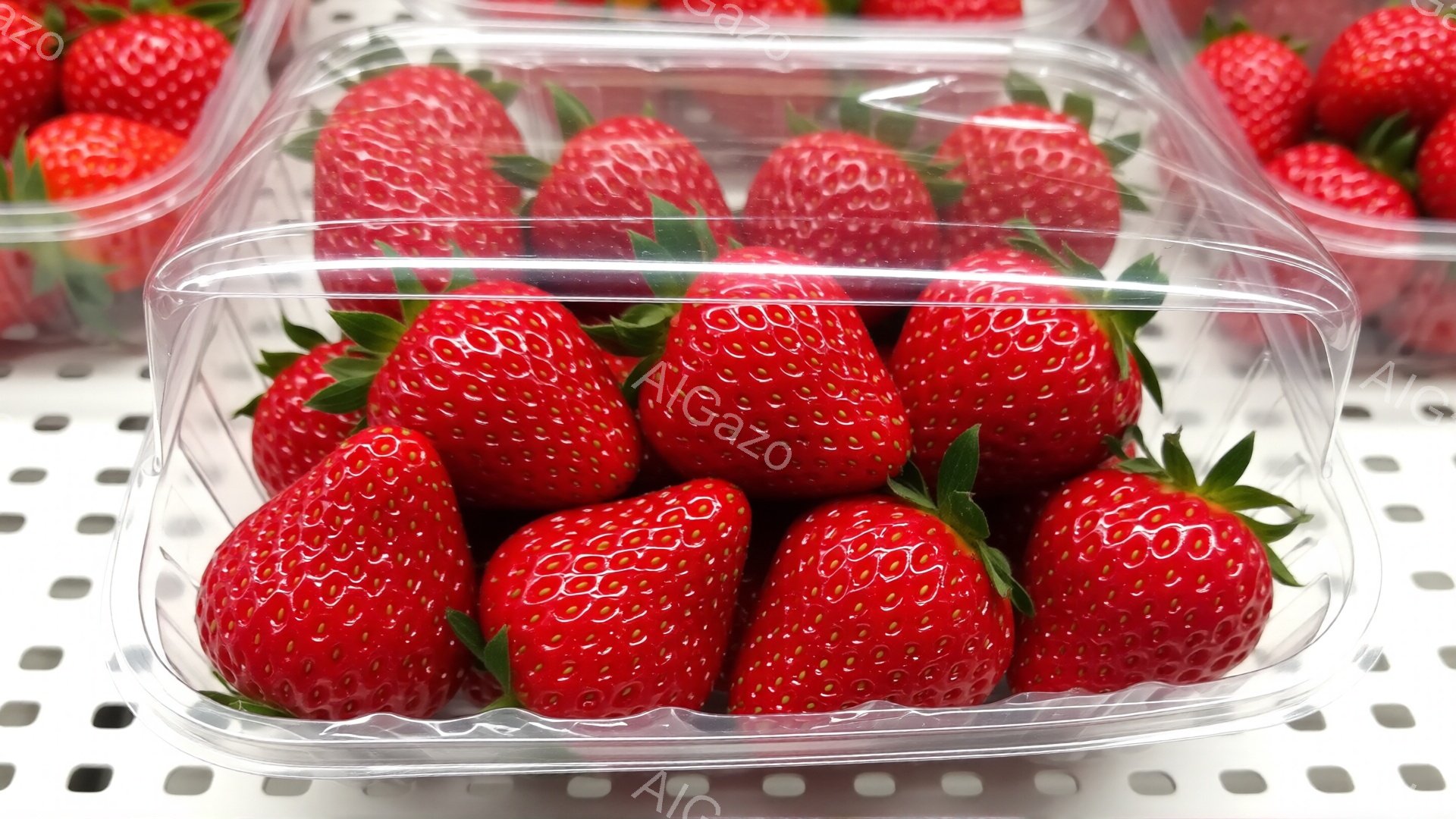 鮮やかな赤いイチゴが透明なプラスチック容器にぎっしりと詰まっています。イチゴはそれぞれ緑色の葉が付いており、瑞々しく、食欲をそそる様子が伺えます。背景は白いドット柄で、イチゴの鮮やかさを引き立てています。