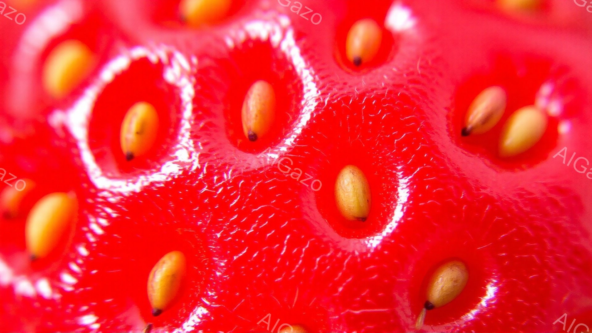 鮮やかな赤いイチゴの表面を極端にクローズアップした画像です。表面には小さな種が散りばめられており、種を囲むように白い凹みが規則的に並んでいます。全体的に、甘くてジューシーなイチゴのテクスチャが強調され - AI生成フリー素材