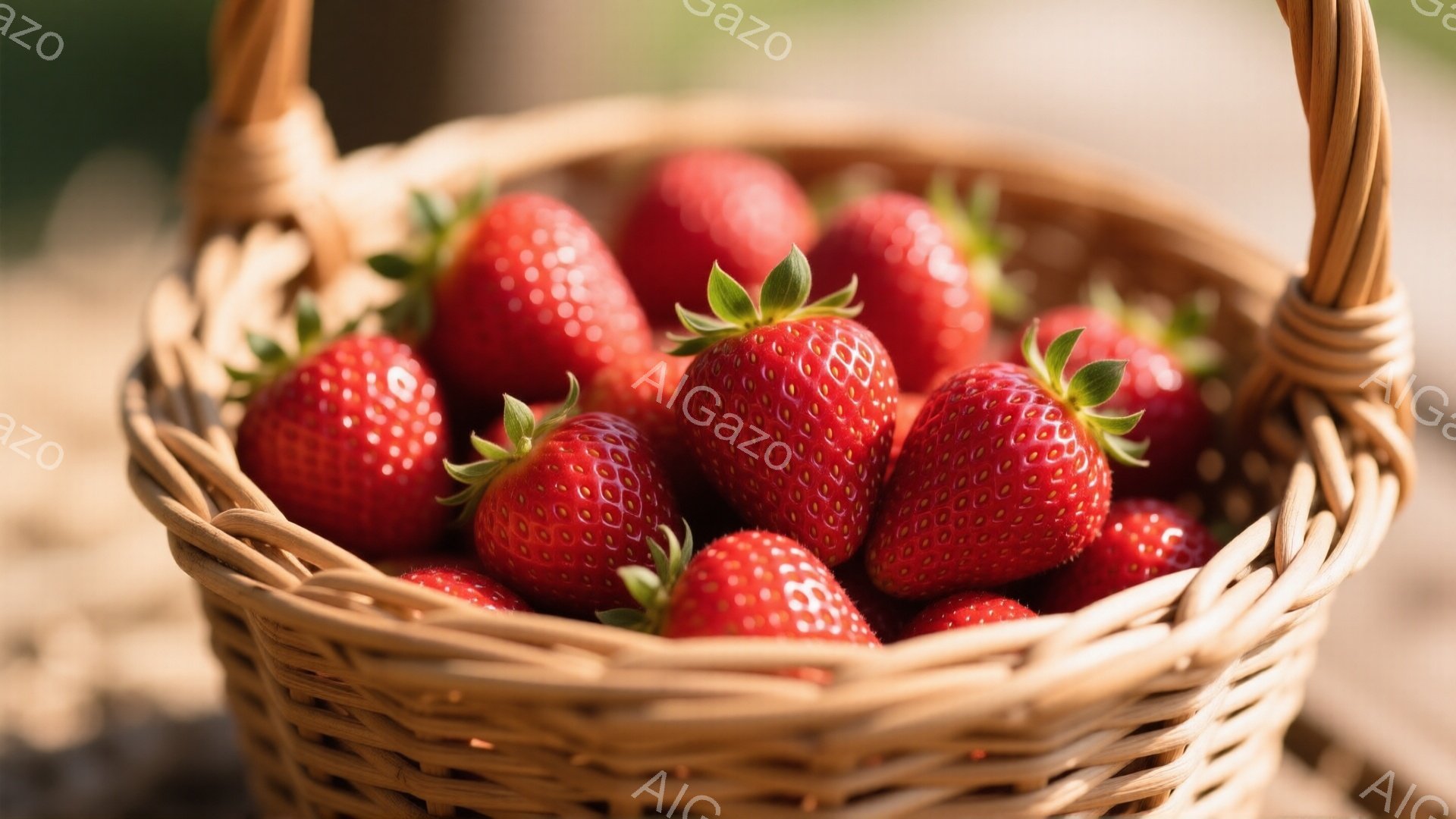 籠の中に真っ赤な苺がぎっしりと詰まっている様子が写っている。籠は編み込まれた茶色の素材で、自然な風合いを感じさせる。背景はぼかされており、鮮やかな苺の色が際立っている。 - AI生成フリー素材