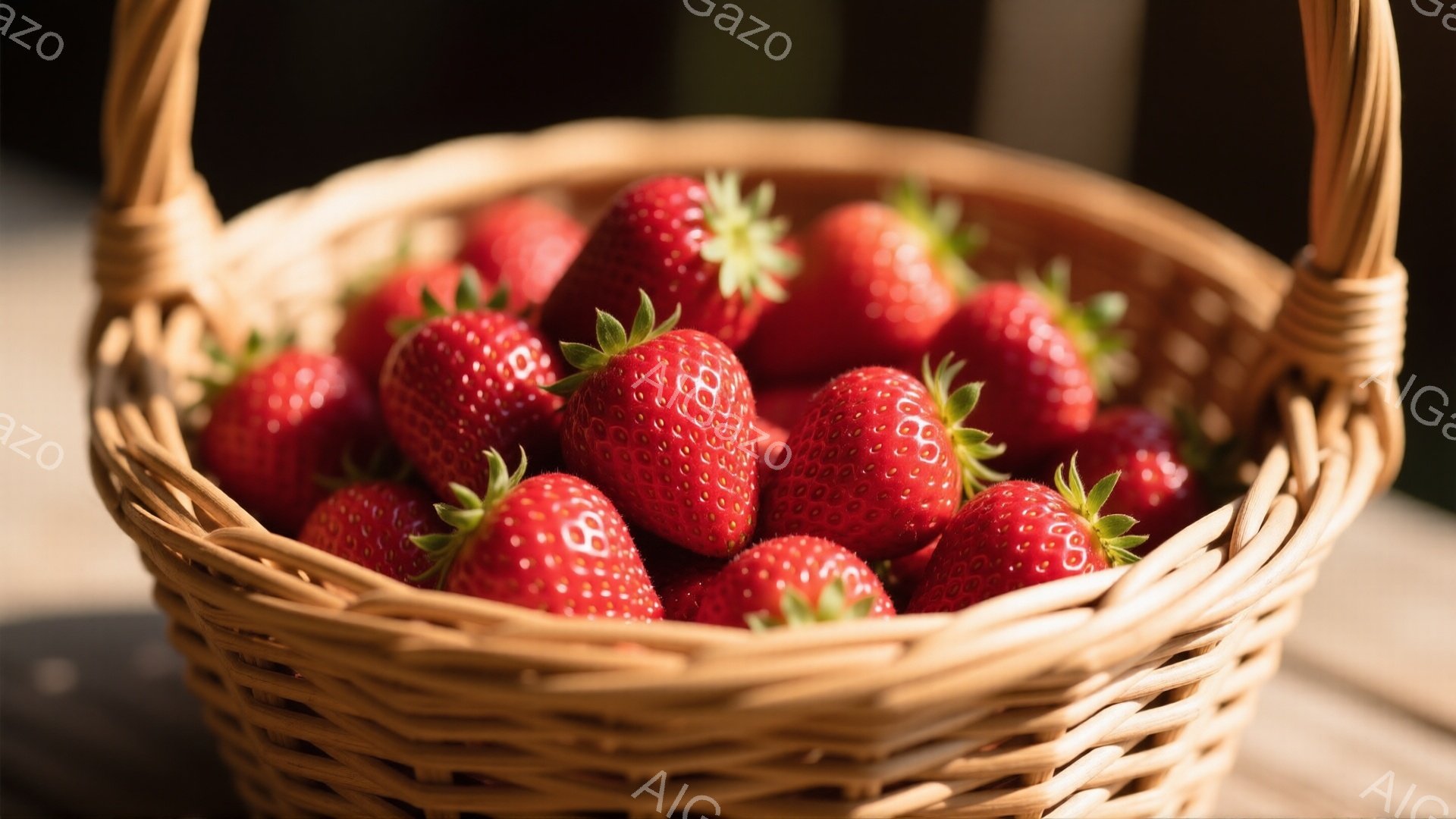 籠いっぱいに真っ赤なイチゴがぎっしりと詰まっています。イチゴはみずみずしく、葉っぱも鮮やかで食欲をそそります。背景はぼやけており、イチゴの赤色が際立って見えます。