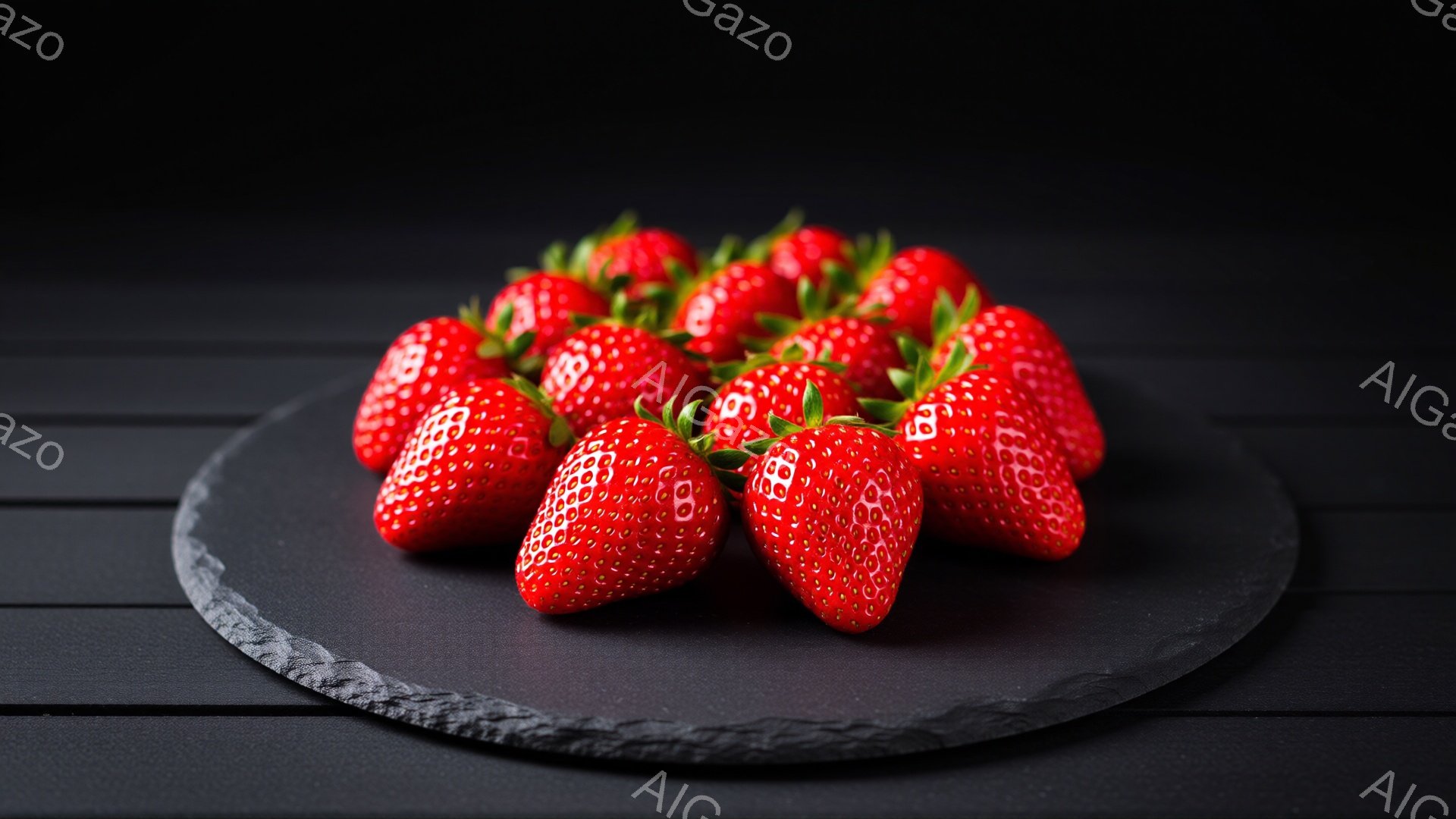 鮮やかな赤いイチゴが、黒色のスレート板の上に並べられています。イチゴはみずみずしく、種がはっきりと見えます。背景は暗い木製の板で、イチゴの赤色が際立っています。