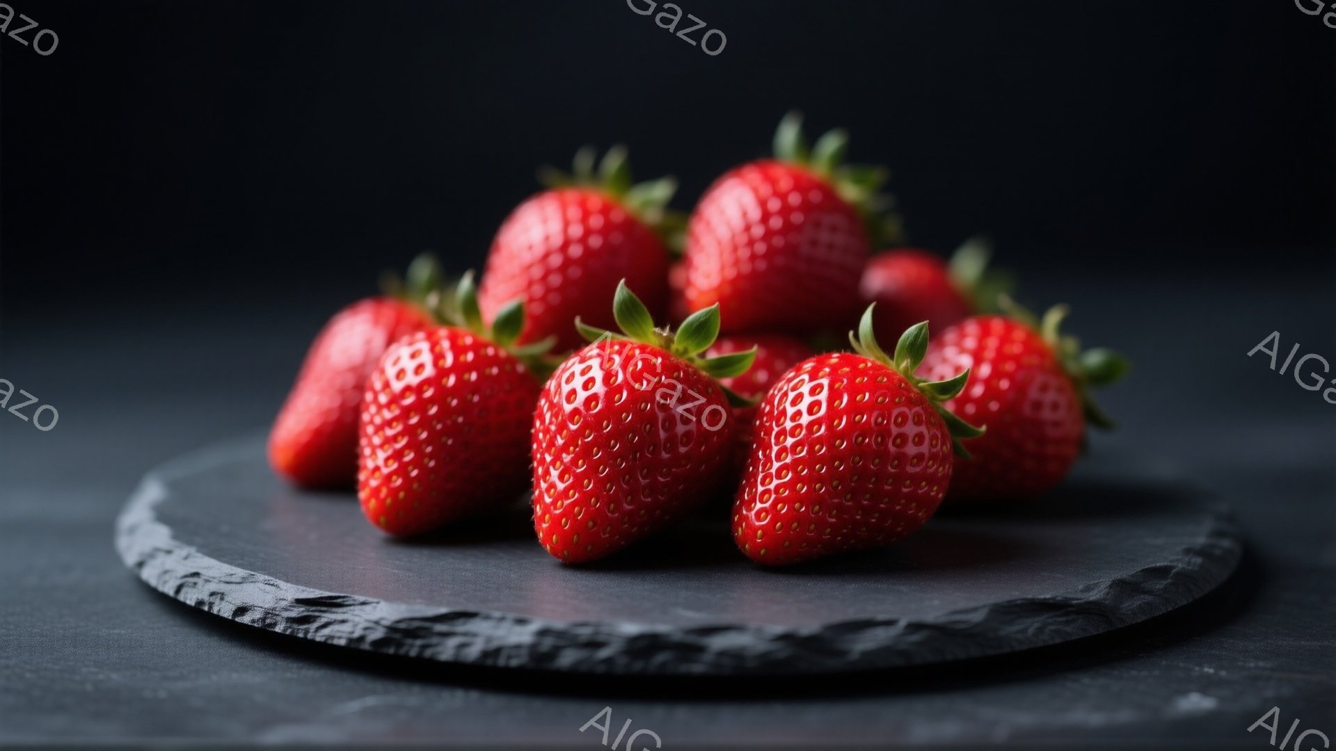 鮮やかな赤色のいちごが、黒色のプレートの上に置かれています。いちごは瑞々しく、表面には種がびっしりと並んでおり、緑色の葉が鮮やかなアクセントとなっています。背景は暗く、いちごがより際立ち、食欲をそそる雰囲気です。
