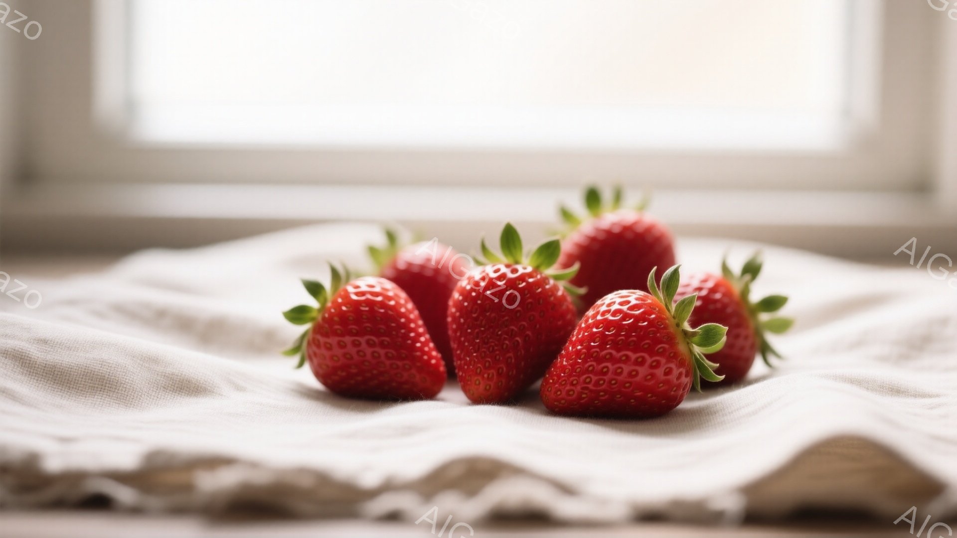 赤く熟したイチゴが、白く柔らかい布の上に並べられています。イチゴはそれぞれ緑色の葉が付いており、新鮮さを感じさせます。背景はぼやけており、イチゴがメインの被写体として際立っています。