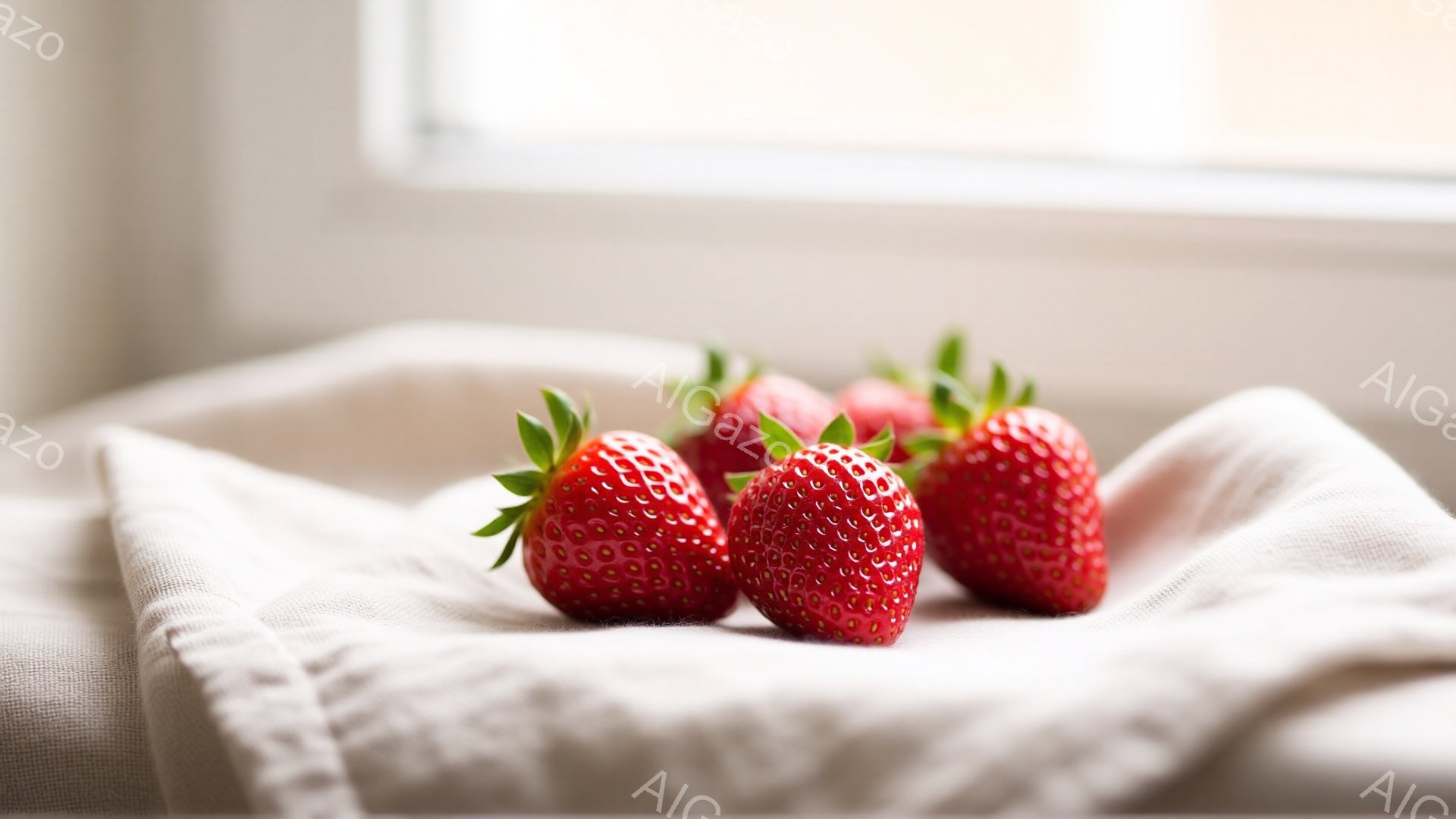 鮮やかな赤いイチゴが、シワのある白い布の上に並べられています。イチゴはみずみずしく、種がはっきりと見えます。背景はぼやけており、自然光が差し込んで柔らかい雰囲気を醸し出しています。