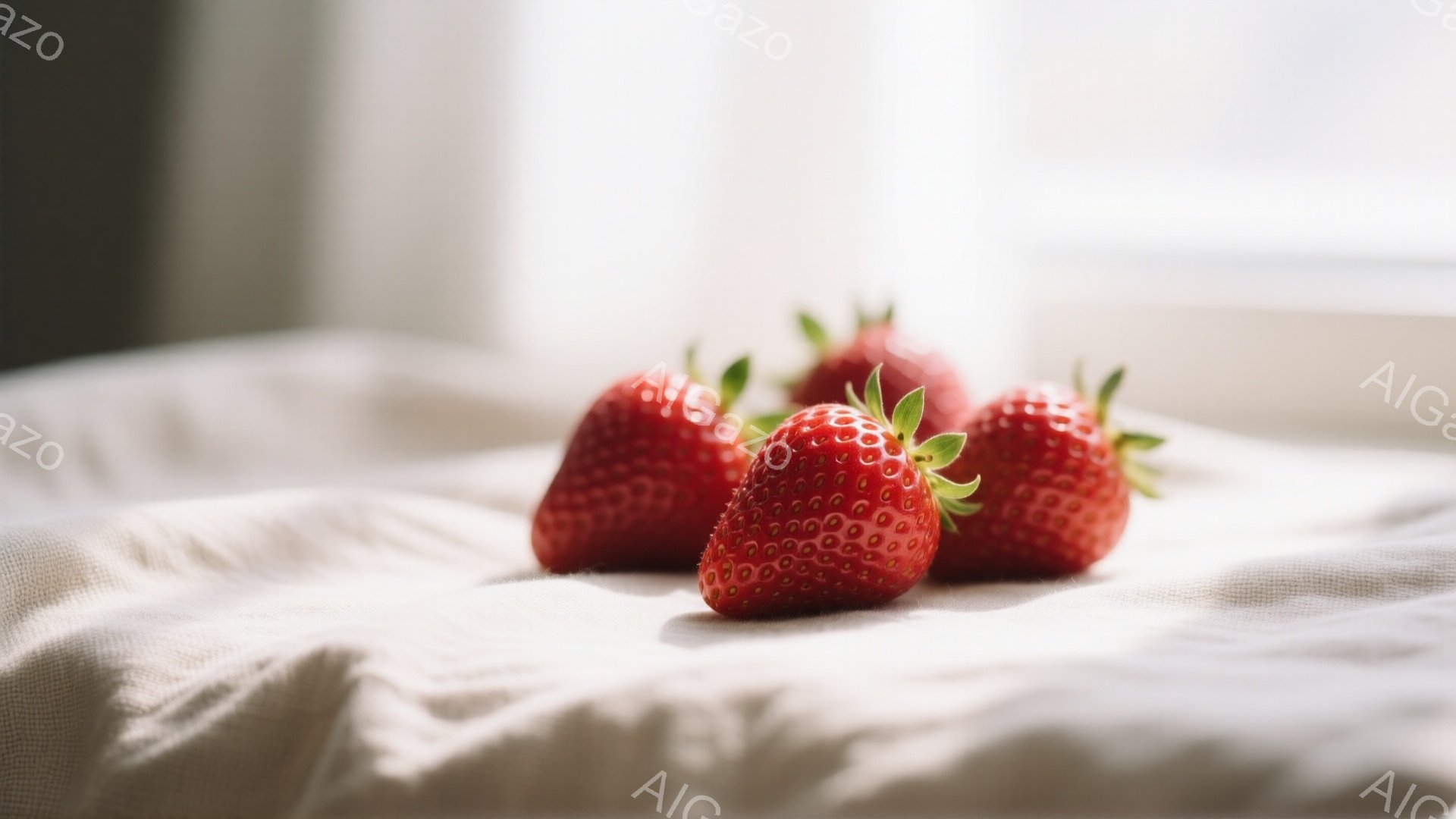 鮮やかな赤色のイチゴが、シワのある白い布の上に並べられています。イチゴはそれぞれ緑色の葉がつき、光が当たって瑞々しく見えます。背景はぼやけており、柔らかい光が全体を包み込み、静かで穏やかな雰囲気を醸し出しています。