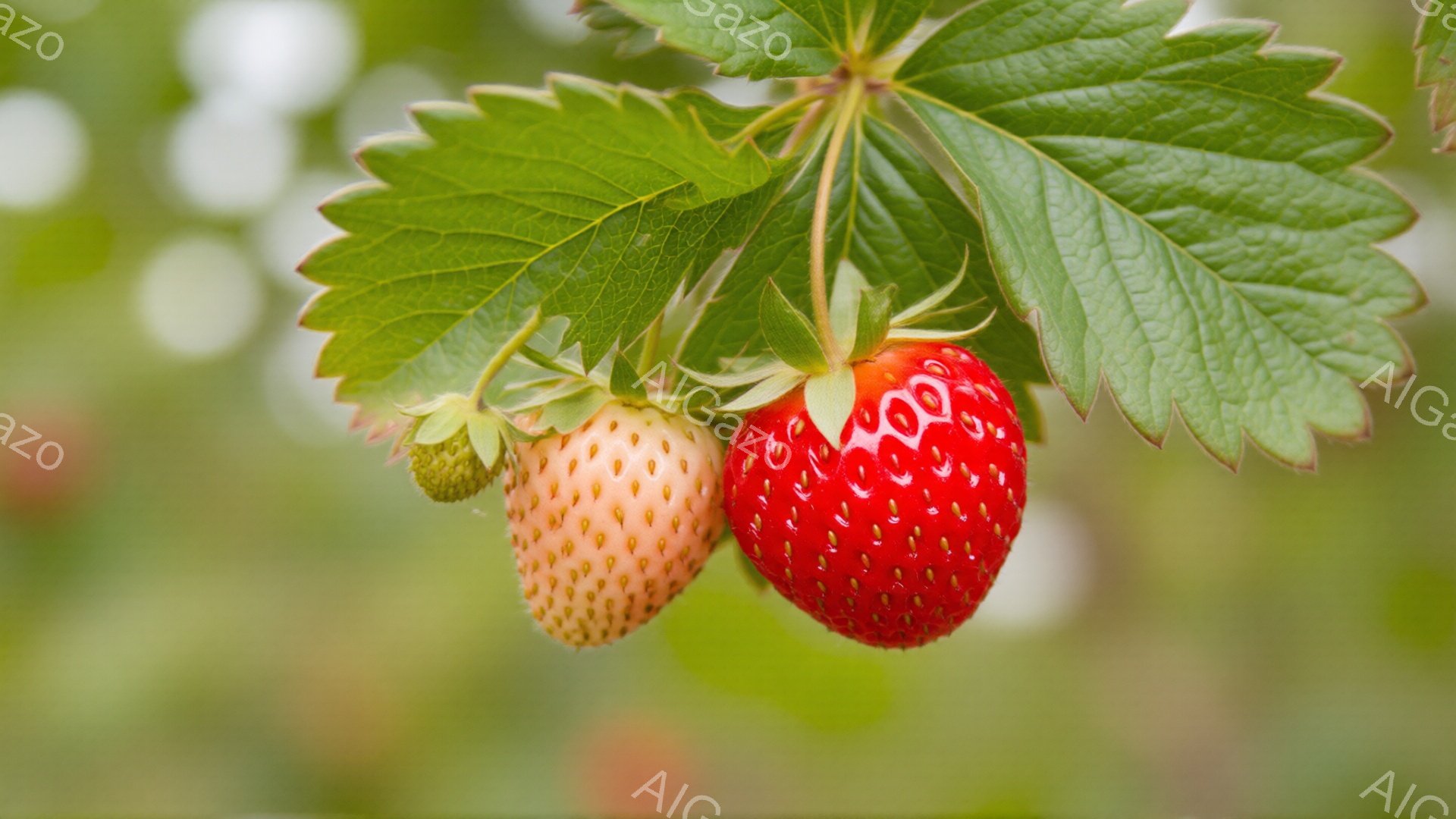 画像には、緑の葉にぶら下がった、熟した赤色のいちごと、未熟な緑がかった白いちごが写っています。背景はぼやけた緑色で、他のいちごの葉や果実が見え、自然な農園の雰囲気を醸し出しています。全体的に、みずみずしい果実と生き生きとした葉が、夏の豊かさを感じさせる鮮やかな写真です。