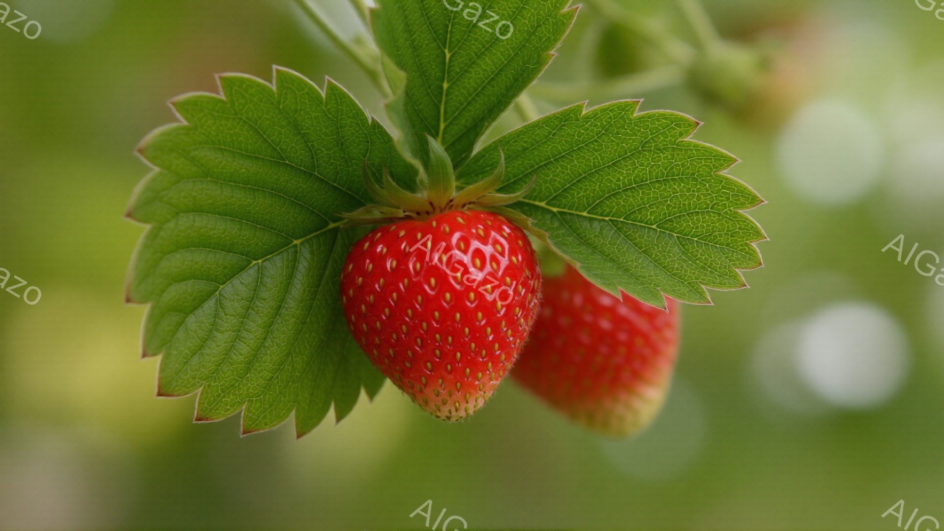 鮮やかな赤いイチゴが二つ、緑の葉に囲まれて写っている。イチゴは瑞々しく、表面には種がびっしりと並び、まるで宝石のように輝いている。背景はぼやけた緑色で、自然の中で育った新鮮なイチゴの雰囲気を強調している。