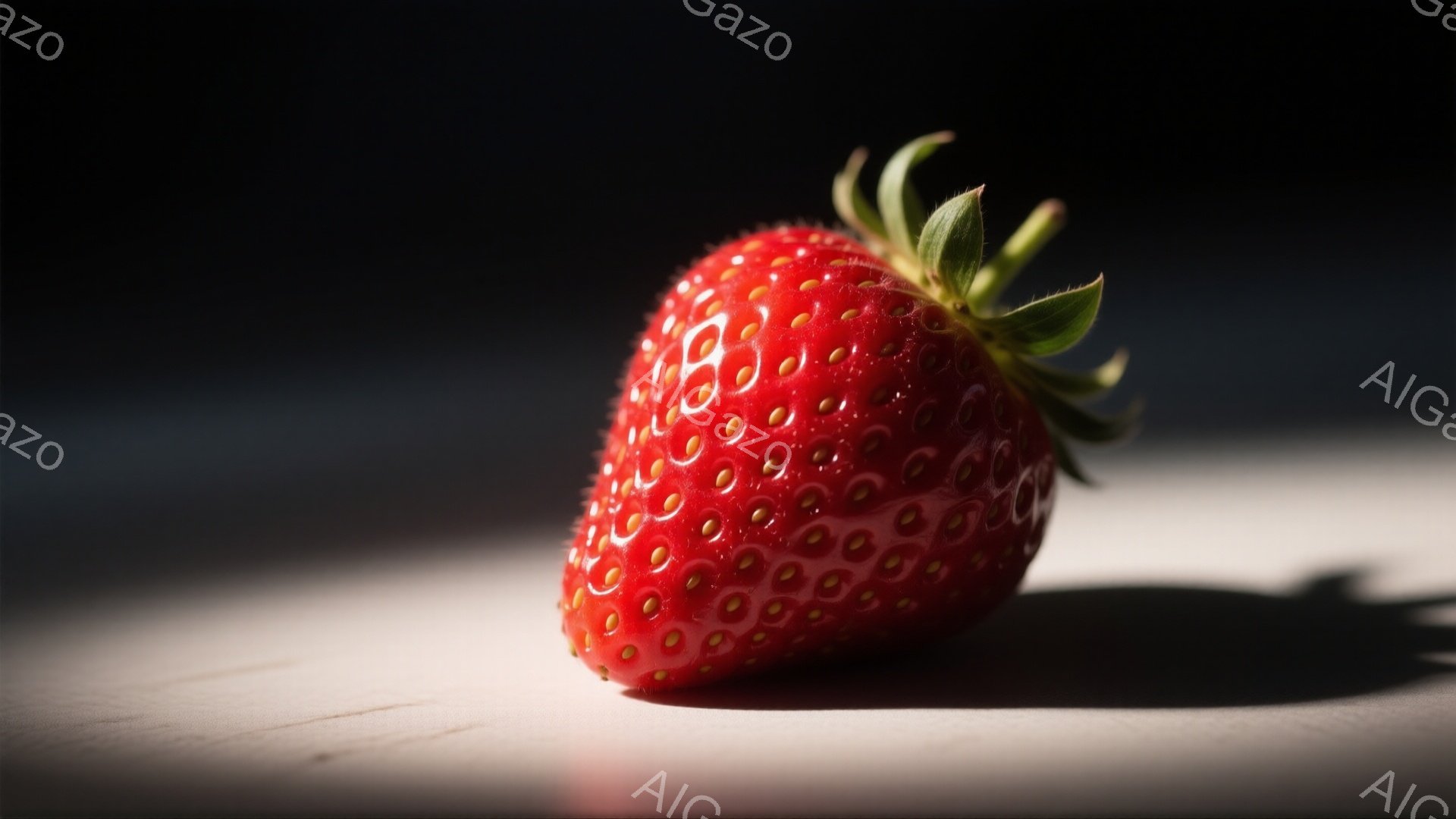 鮮やかな赤いイチゴが、白い木製の表面にスポットライトのように照らされている。イチゴの表面には小さな種が密集しており、緑色の葉が鮮やかに映えている。光と影のコントラストが強く、イチゴが引き立つ、シンプルで洗練された雰囲気である。