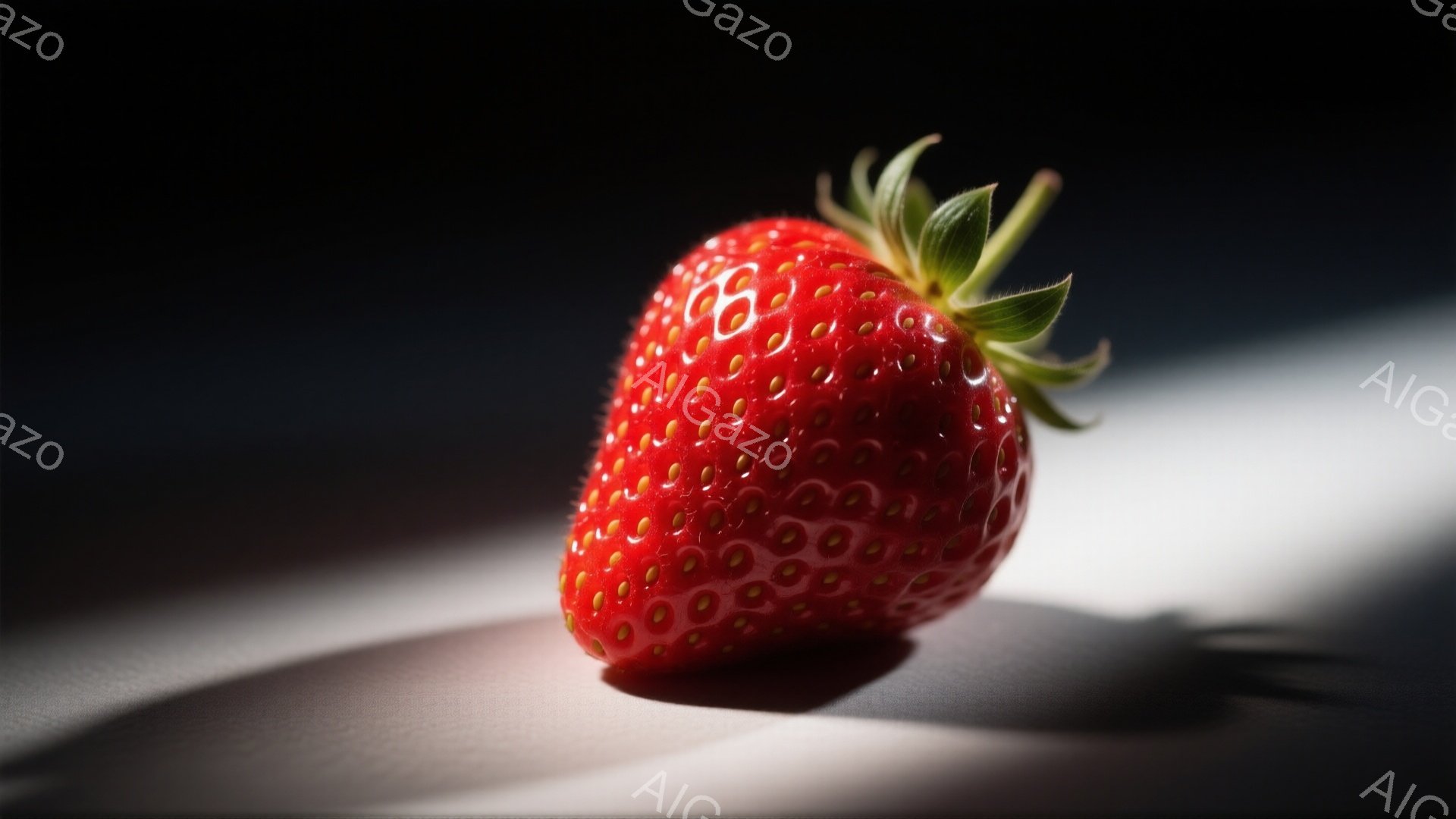 鮮やかな赤いイチゴが、白い背景にスポットライトのように照らされている。表面には種が密集しており、葉は緑色で瑞々しい。影がイチゴの右側に伸び、ドラマチックで食欲をそそる雰囲気を醸し出している。