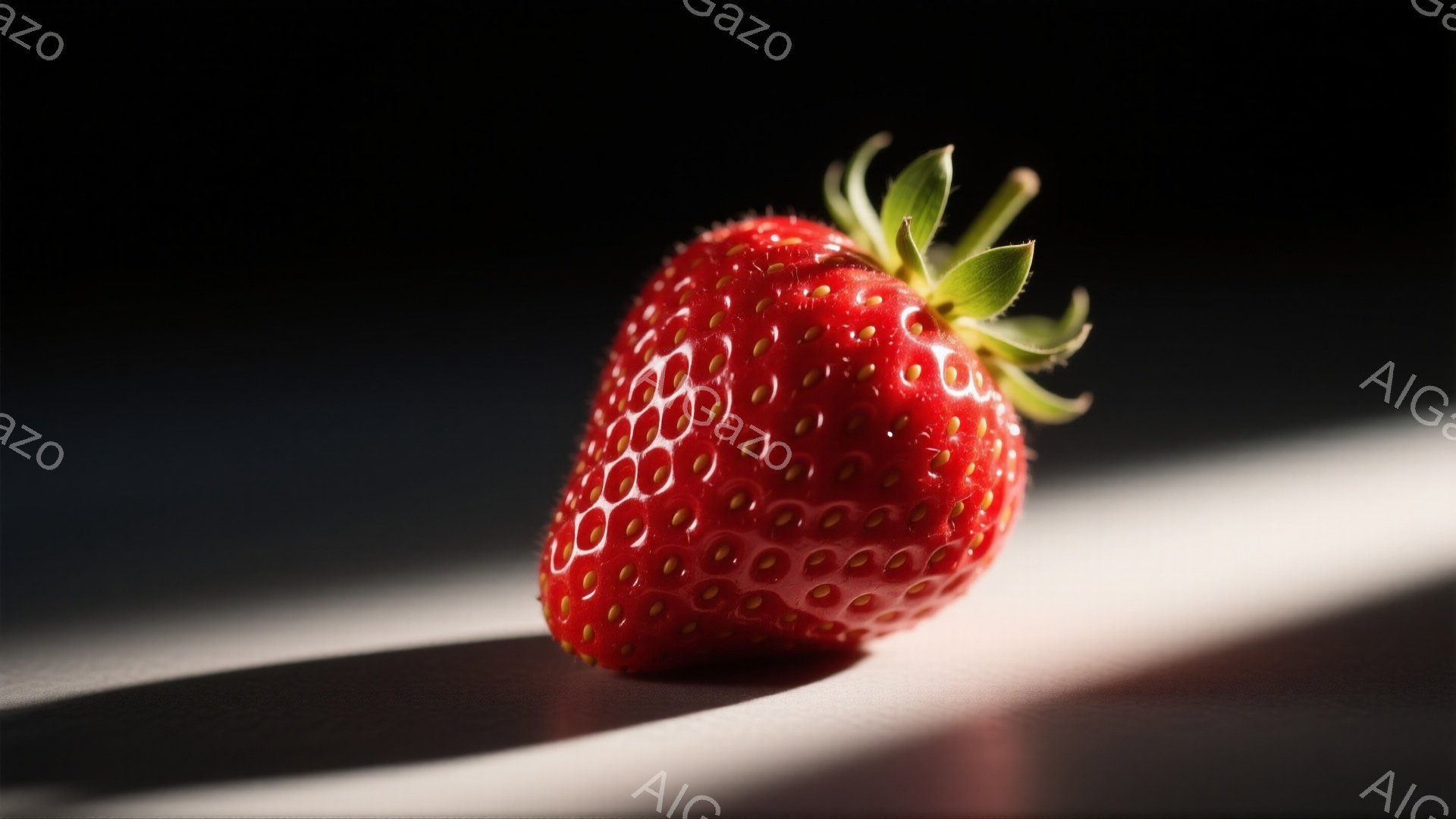 鮮やかな赤色のいちごが、白い背景の上に置かれています。光が左上から当たり、いちごの表面の小さな種が際立ち、影が長く伸びています。全体的に、シンプルでミニマルな構成で、いちごの美しさを際立たせています。 - AI生成フリー素材