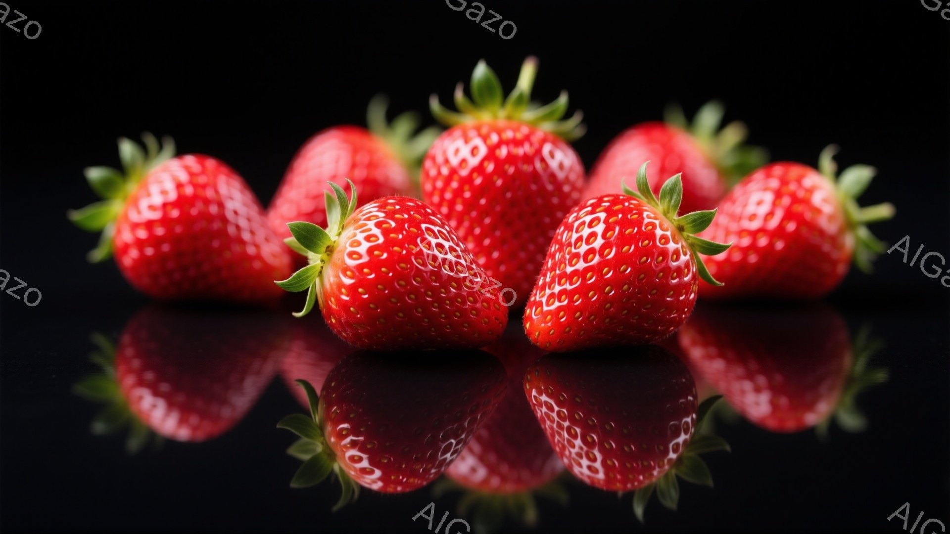 鮮やかな赤いイチゴが5つ、黒い背景の上に並べられています。それぞれのイチゴは丸みを帯びており、表面には小さな種が密集しています。光沢のある表面が映り込みを見せ、イチゴの新鮮さと美味しさを強調しています。
