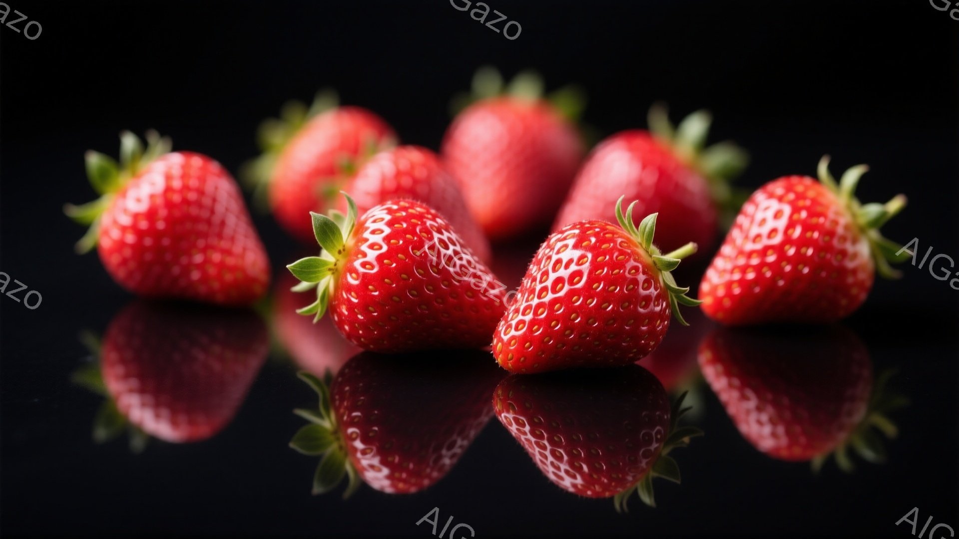 鮮やかな赤色のいちごが、黒い背景の上に並べられています。それぞれのいちごは、表面に小さな種が散りばめられ、緑色の葉が鮮やかに映えています。光沢のある黒い背景が、いちごの鮮やかさを強調し、全体的に洗練された印象を与えます。