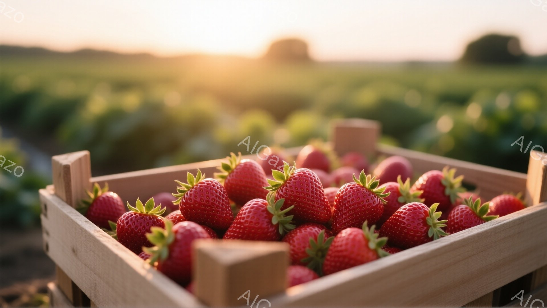 新鮮なイチゴが木製の箱にたっぷりと詰まっています。背景には緑豊かな畑が広がり、夕暮れ時の柔らかな光が全体を包み込んでいます。イチゴの赤と背景の緑が鮮やかで、穏やかで心地よい雰囲気が漂っています。