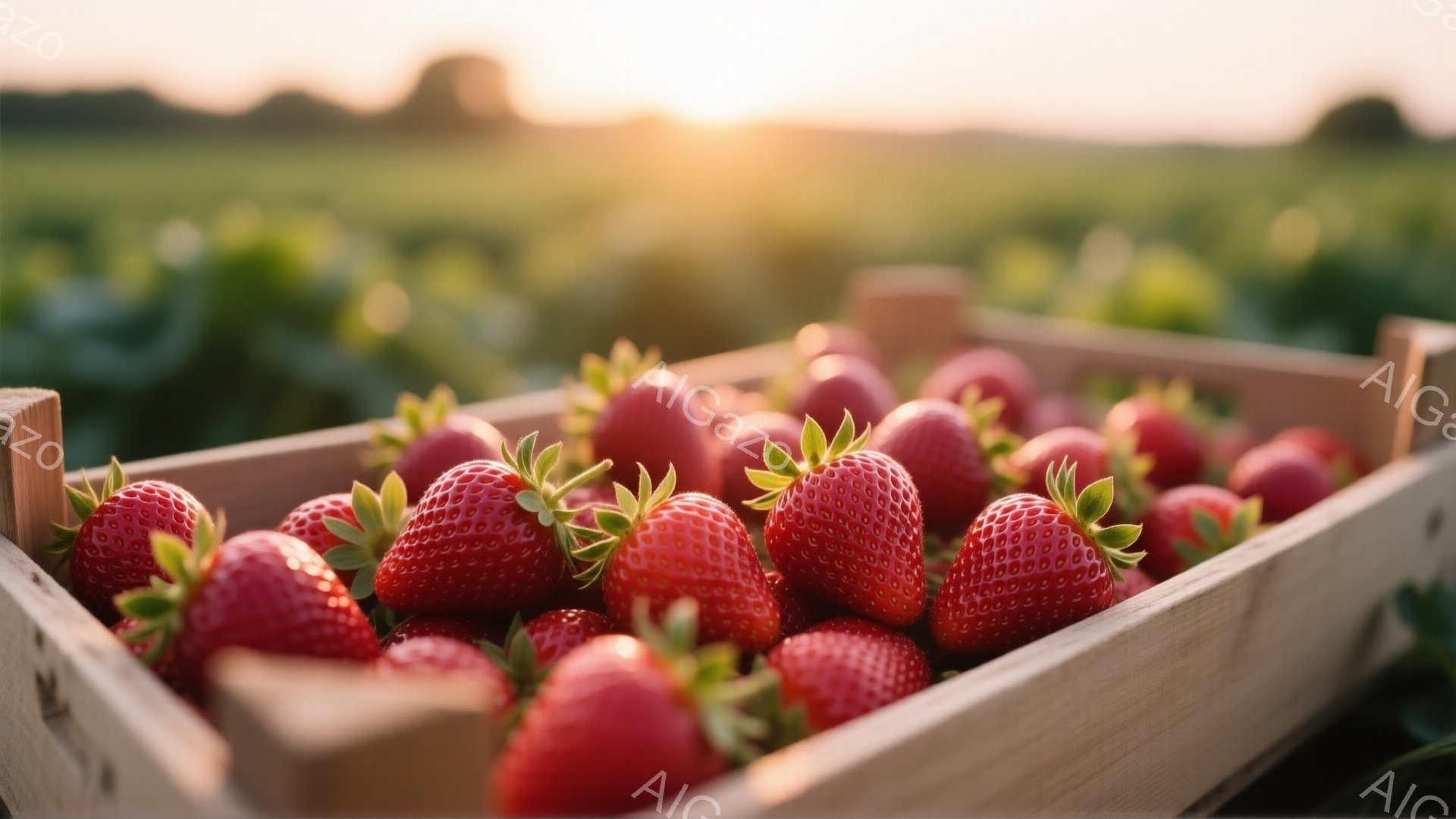 新鮮なイチゴが木製の箱にたっぷり並んでいます。背景には緑豊かなイチゴ畑が広がり、夕日のような暖かな光が全体を包み込んでいます。イチゴの鮮やかな赤色と、背景の緑、そして温かい光が相まって、豊かさと自然の - AI生成フリー素材