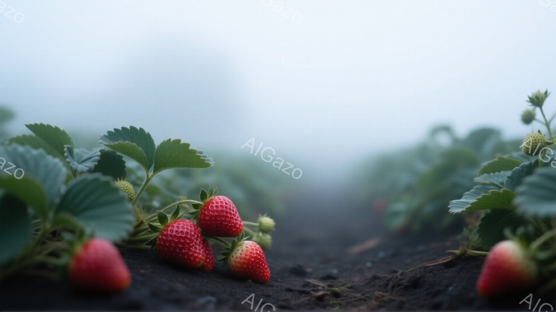 畑に育ついちごが写っており、赤く熟した果実が緑の葉と土の間で際立っています。背景は霧に包まれ、遠くのいちごの列がぼんやりと見え、全体的に静かで穏やかな雰囲気を醸し出しています。土の色は黒っぽく、いちご - AI生成フリー素材
