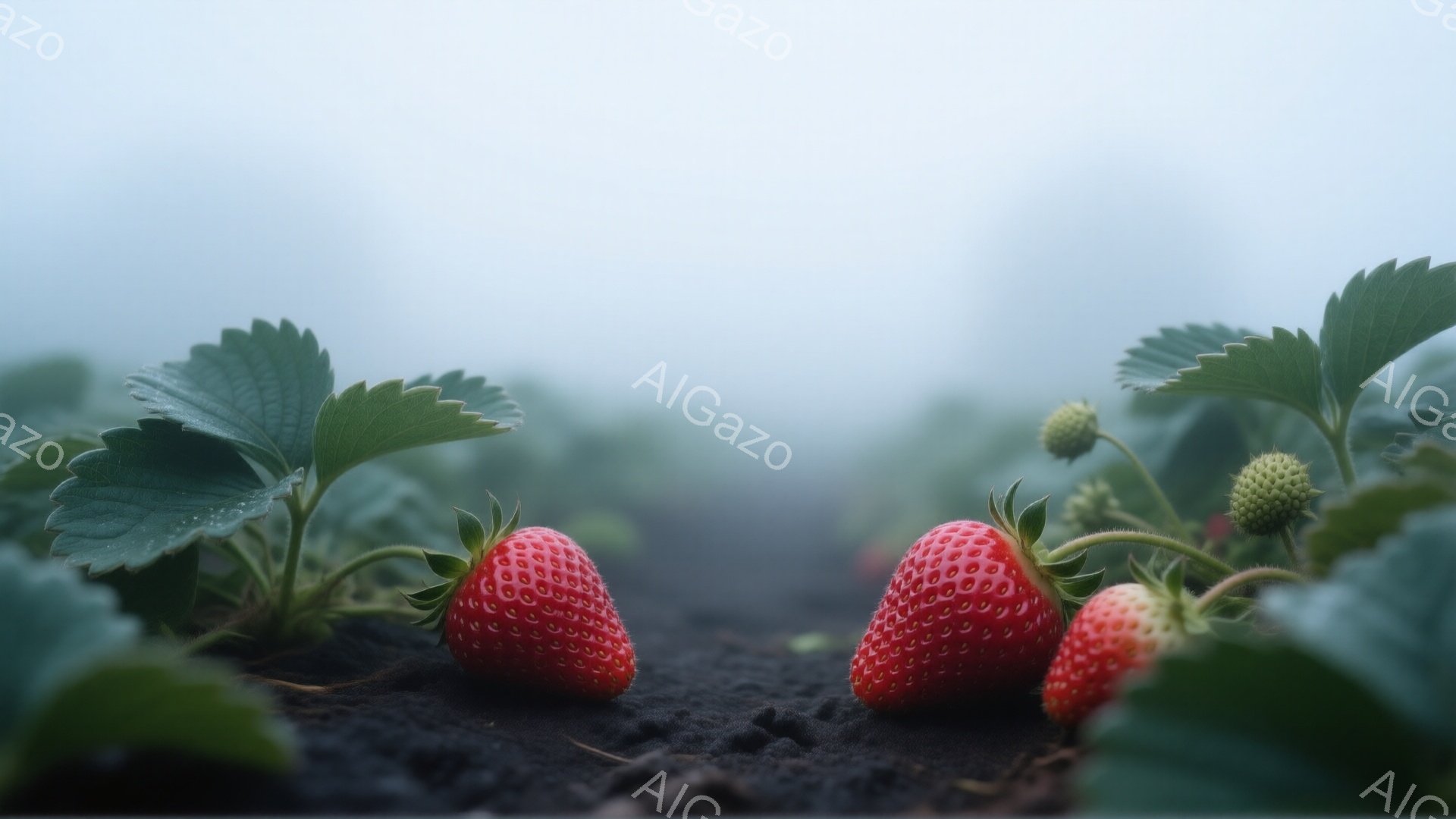 鮮やかな赤いイチゴが土の上に並んでおり、緑の葉が周りを囲んでいます。背景は霧に包まれた畑で、ぼやけた緑色が広がっています。全体的に柔らかく、静かで、少し幻想的な雰囲気です。