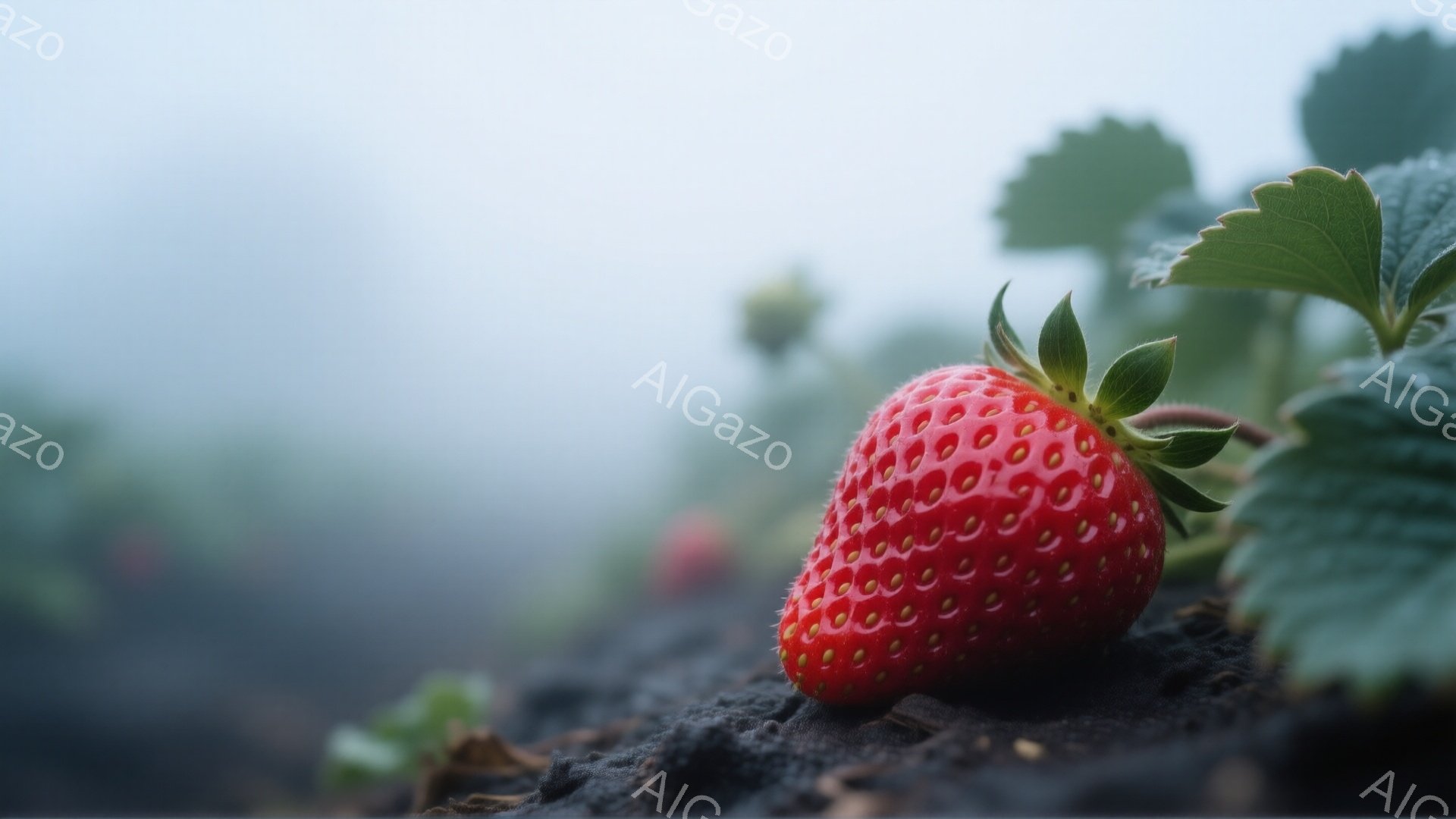 赤く熟したイチゴが、黒い土の上に置かれているクローズアップ写真です。背景は霧に包まれたイチゴ畑で、緑色の葉がイチゴの周りに点在しています。全体的に、静かで穏やかな、自然の恵みを感じさせる雰囲気です。