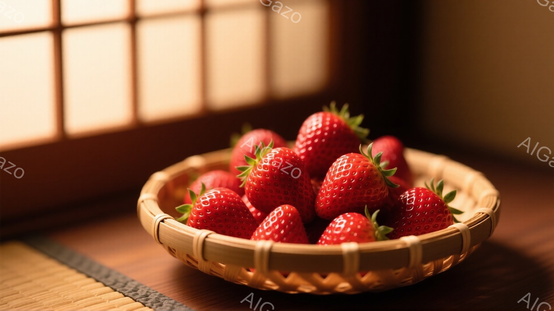 籐編みの籠の中に、艶やかな赤いイチゴがぎっしりと並んでいます。木製のテーブルの上、畳の敷物が敷かれた床に置かれ、背景には障子が見え、和の静謐な雰囲気が漂っています。イチゴの瑞々しさと籠の素朴な風合いが相まって、どこか懐かしい印象を与えます。