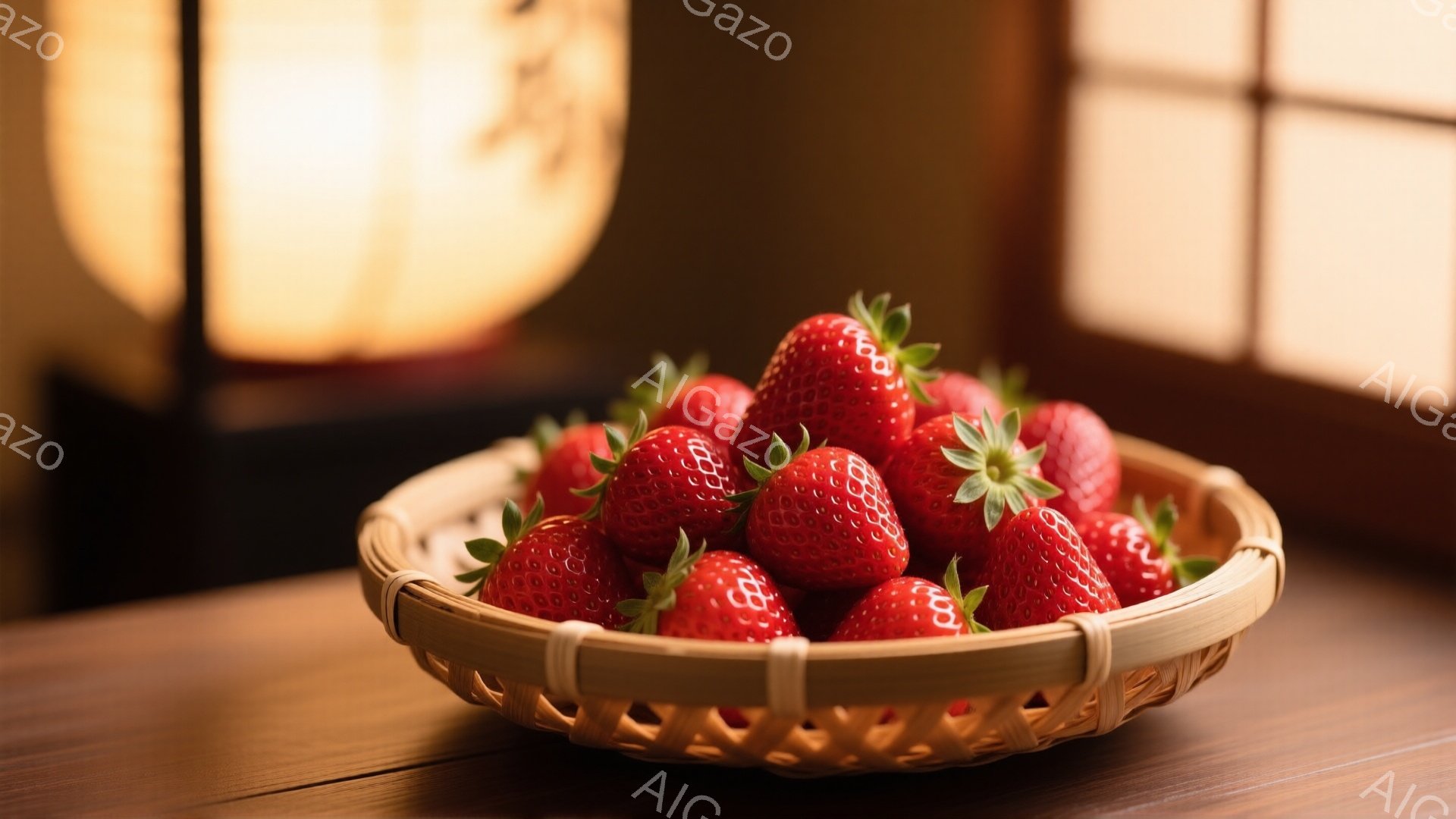 鮮やかな赤色のいちごが、編み込まれた竹籠にたっぷり並んでいます。背景には木製のテーブルと、ぼんやりとした光が差し込む障子が見え、落ち着いた和の雰囲気が漂います。全体的に暖色系の色調で、美味しそうでありながら、どこか懐かしい趣を感じさせます。