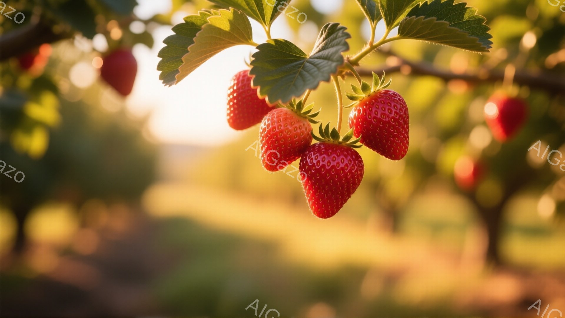 鮮やかな赤いイチゴが、緑の葉に囲まれて枝に実っている様子が捉えられています。背景はぼやけた緑と金色の光で、太陽の光が差し込む果樹園の暖かく穏やかな雰囲気を醸し出しています。イチゴは熟しており、甘くジューシーな味わいが想像できます。