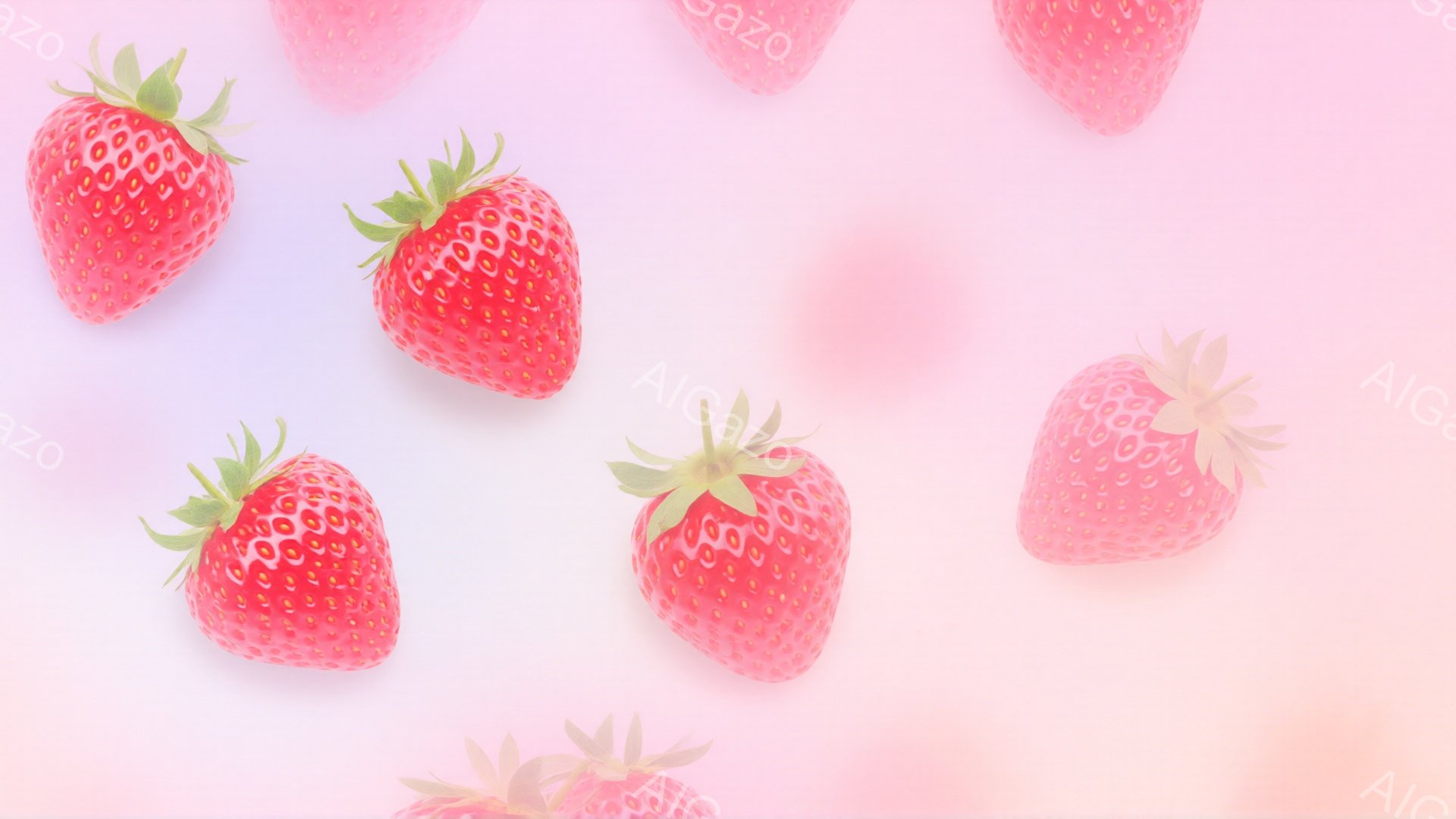鮮やかな赤いイチゴが、淡いピンク色の背景に散りばめられています。イチゴはそれぞれ緑色の葉が付いており、丸みを帯びた可愛らしい形をしています。全体的に柔らかく、甘い雰囲気が漂い、春らしい印象を与えます。