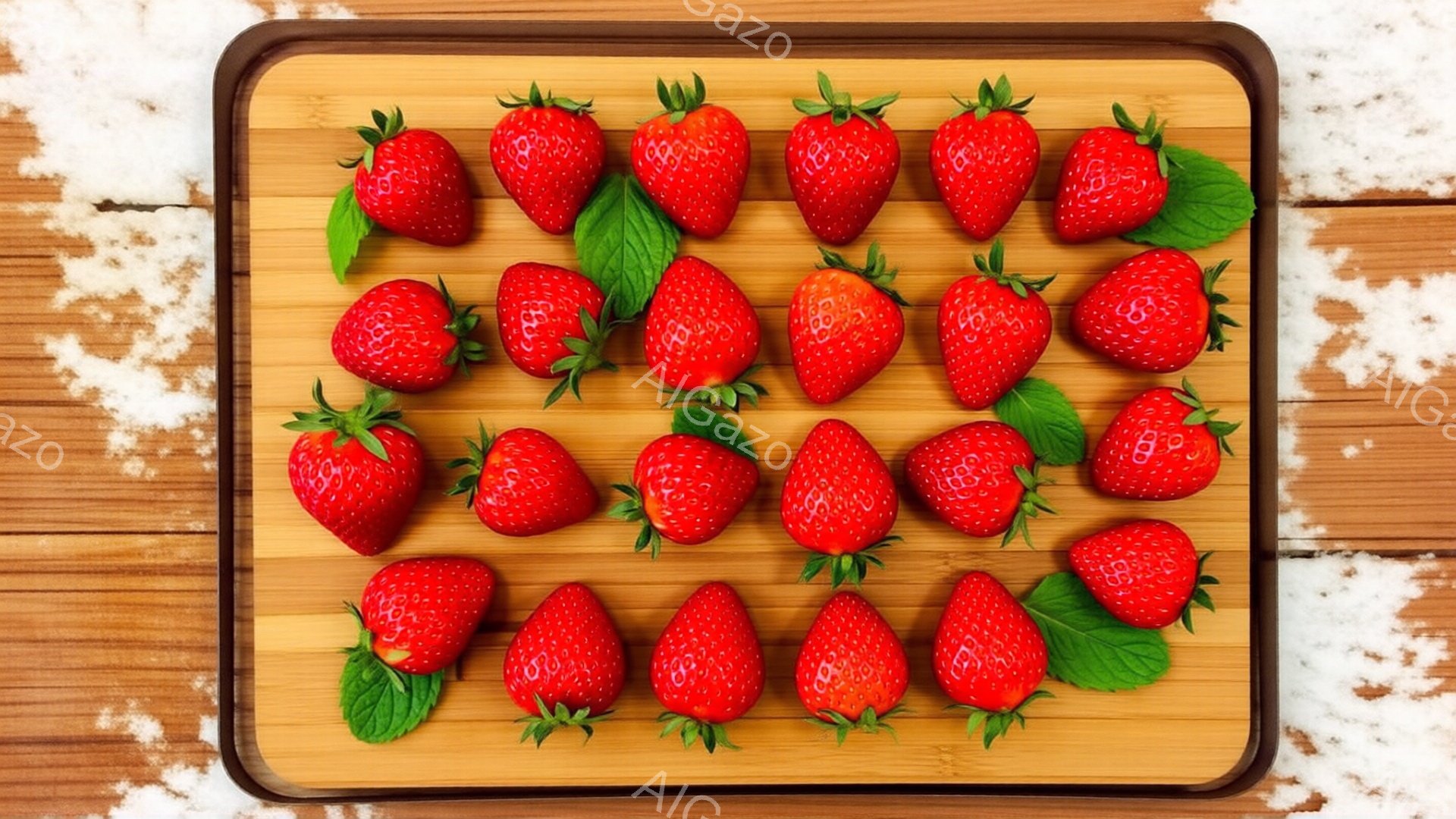 真っ赤なイチゴが、木製のトレイの上に整然と並べられています。緑色の葉がいくつか添えられており、明るい木製の背景と鮮やかなイチゴのコントラストが印象的です。全体的に、豊かで新鮮な印象を与える、食欲をそそる構図となっています。