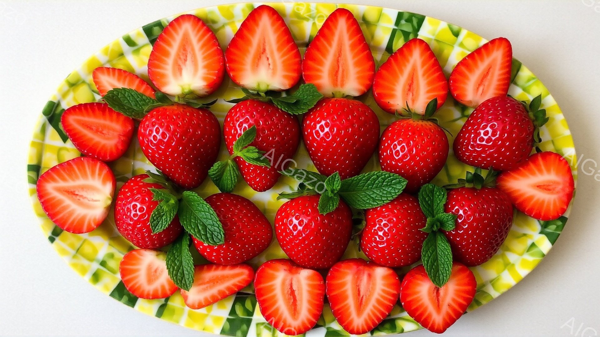 鮮やかな赤いイチゴが、緑と黄色の縞模様の皿の上に並べられています。いくつかのイチゴは半分にカットされており、新鮮なミントの葉が添えられています。全体的に明るく、食欲をそそる雰囲気で、イチゴの瑞々しさが際立っています。