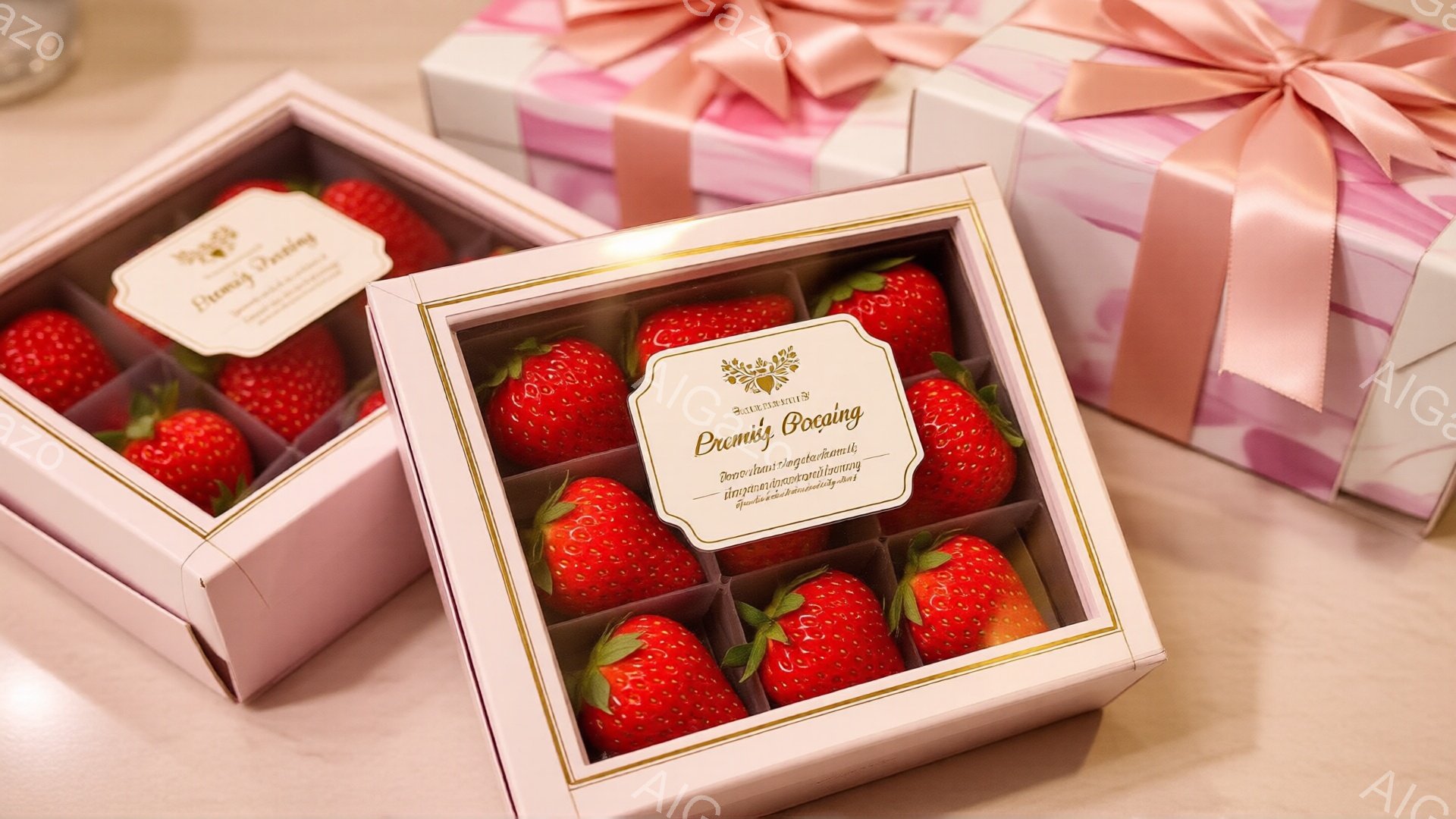 鮮やかな赤いイチゴが、薄いピンク色の箱に美しく並べられています。箱には金色の文字で「Premiy Bogin」と書かれており、高級感のあるパッケージデザインです。背景はぼかされており、イチゴと箱が際立って見えます。