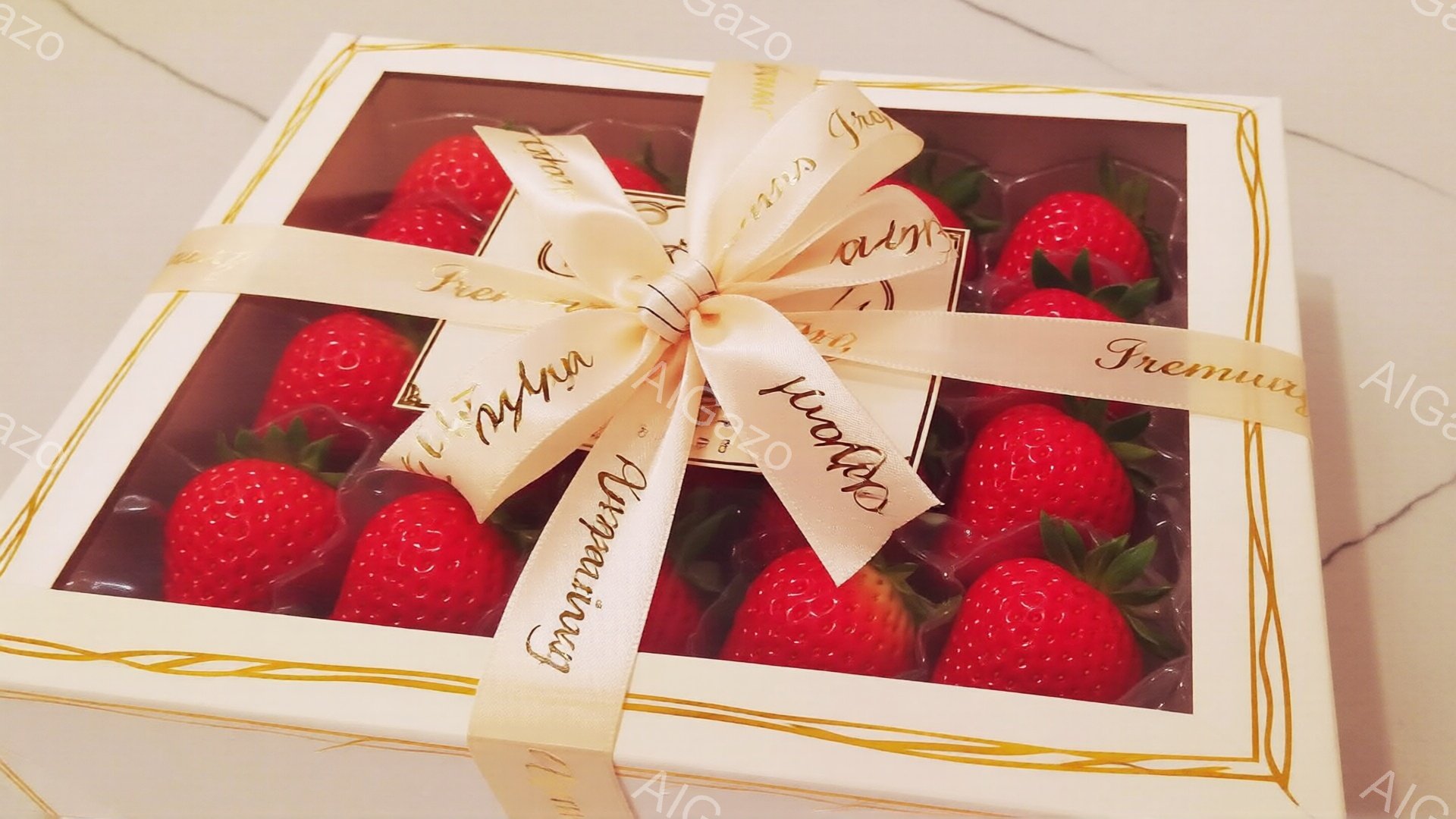 白い箱の中に、鮮やかな赤いイチゴが整然と並べられています。箱は金色の縁取りがあり、白いリボンが丁寧に結ばれており、上品な印象を与えます。イチゴの瑞々しさと箱の装飾が組み合わさり、特別な贈り物やデザート - AI生成フリー素材