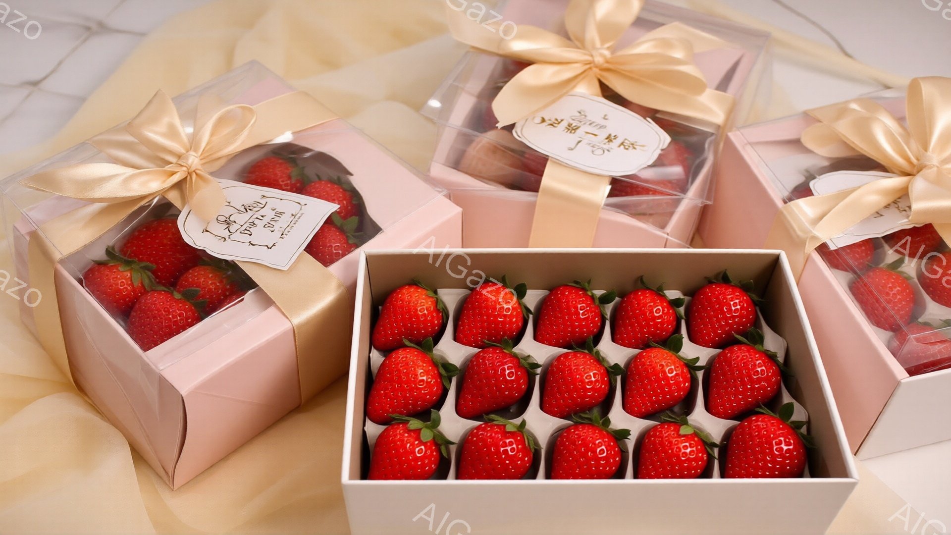 画像には、ピンク色の箱に詰められた新鮮なイチゴが並べられています。イチゴは鮮やかな赤色で、葉も緑々としており、美味しさを引き立てています。箱にはリボンとタグが飾られており、ギフトとして贈るのにふさわしい上品な雰囲気を醸し出しています。