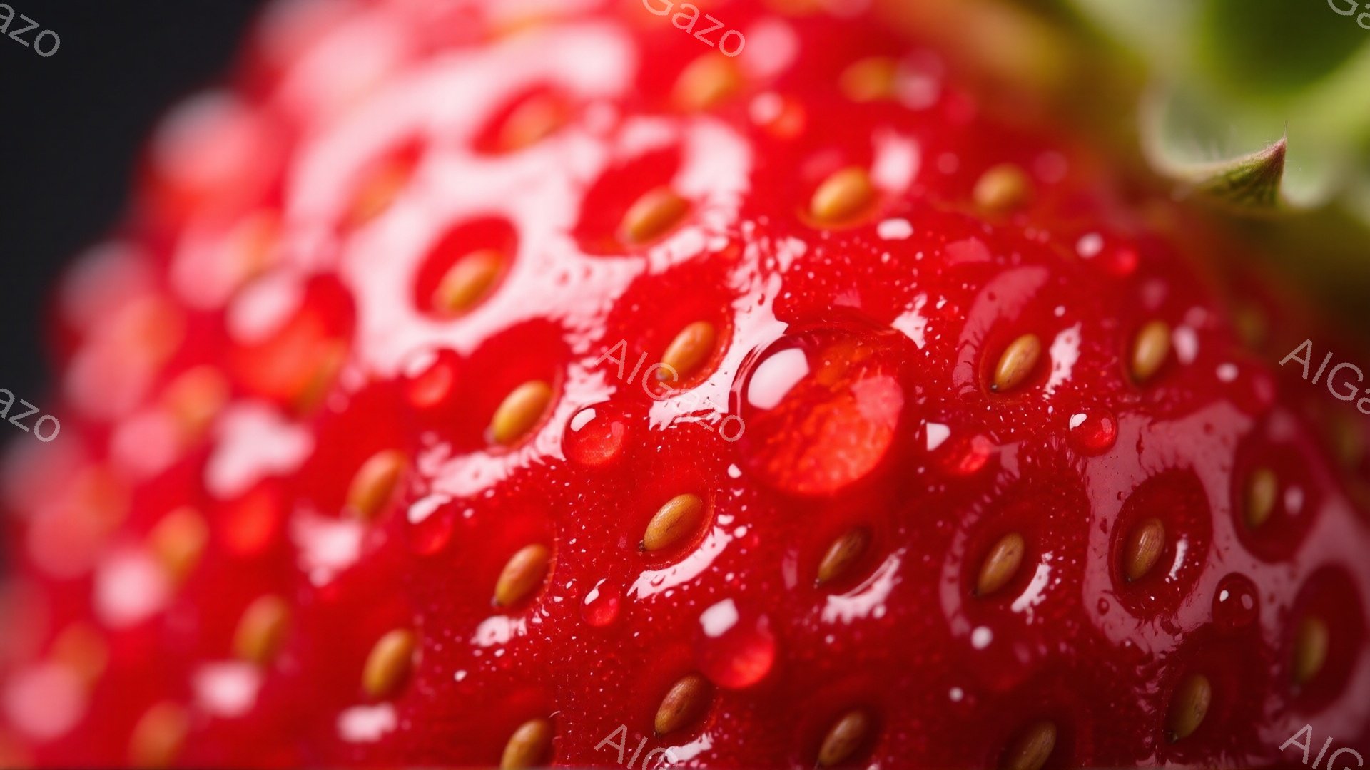 鮮やかな赤いイチゴの表面が、水滴で覆われています。イチゴの種が密集しており、表面の凹凸が強調されています。背景は暗く、イチゴの鮮やかさを際立たせており、全体的にみずみずしい雰囲気です。