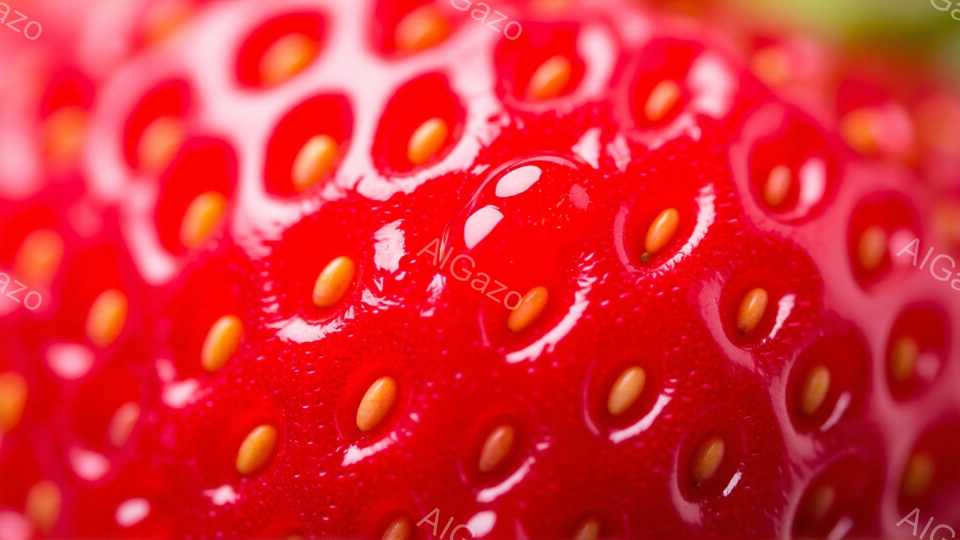 この画像は、非常に鮮やかな赤いイチゴのクローズアップ写真です。表面には小さな種が密集しており、水滴がいくつか付着して光沢を増しています。全体的に、瑞々しく、生命力に満ちた印象を与える、非常に詳細な描写です。