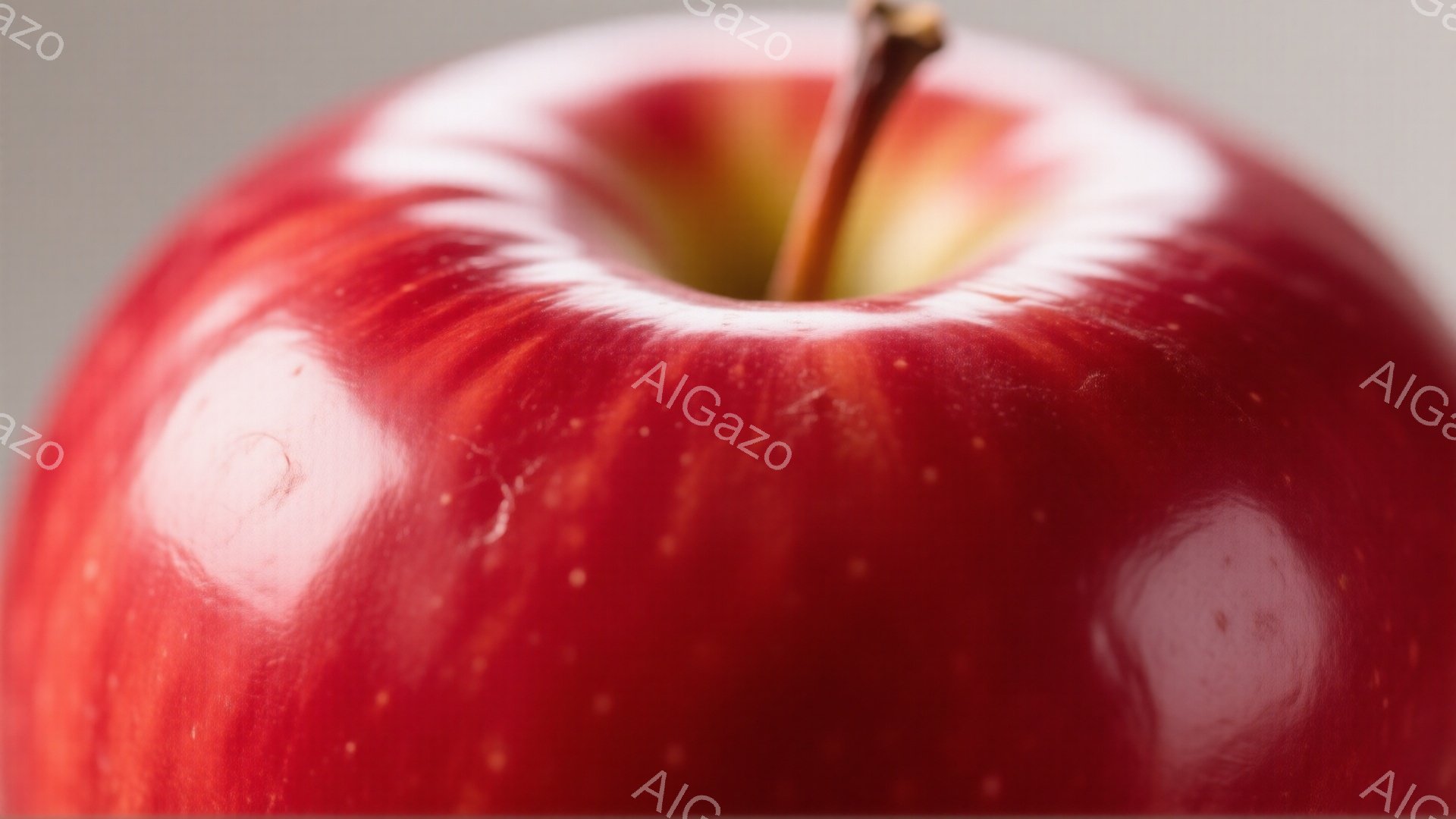 鮮やかな赤色のリンゴが画面いっぱいに大きく写っている。表面には光の反射が点在し、みずみずしさを強調している。背景はぼやけており、リンゴの鮮やかさが際立っている。