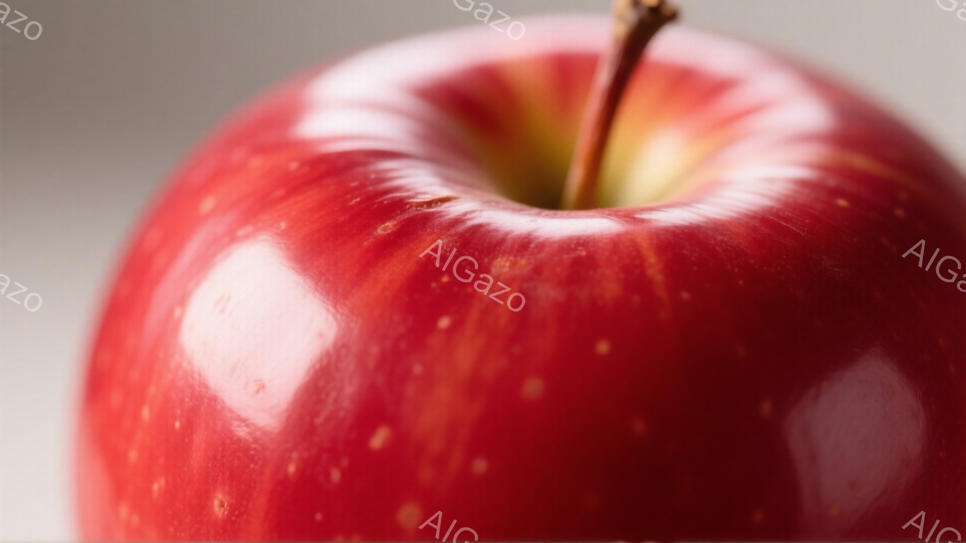 鮮やかな赤いリンゴが画面いっぱいに広がっており、表面は光沢があり、小さな水滴が散りばめられています。リンゴの上部には、細く茶色の軸が伸びており、全体的にみずみずしく、美味しそうな印象を与えます。背景は淡いグレーで、リンゴの赤色がより際立っています。