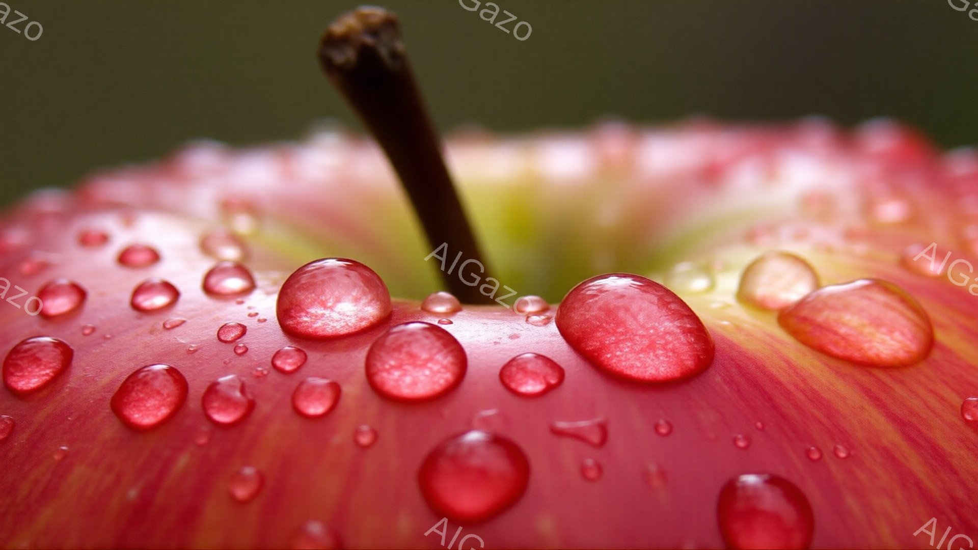 真っ赤なリンゴの表面に、朝露のような水滴が玉のように並んでいる様子が捉えられている。リンゴの赤と水滴の光の反射が美しく、自然の鮮やかさを強調している。背景はぼやけており、リンゴそのものに焦点が当たっているため、リンゴの瑞々しさが際立っている。