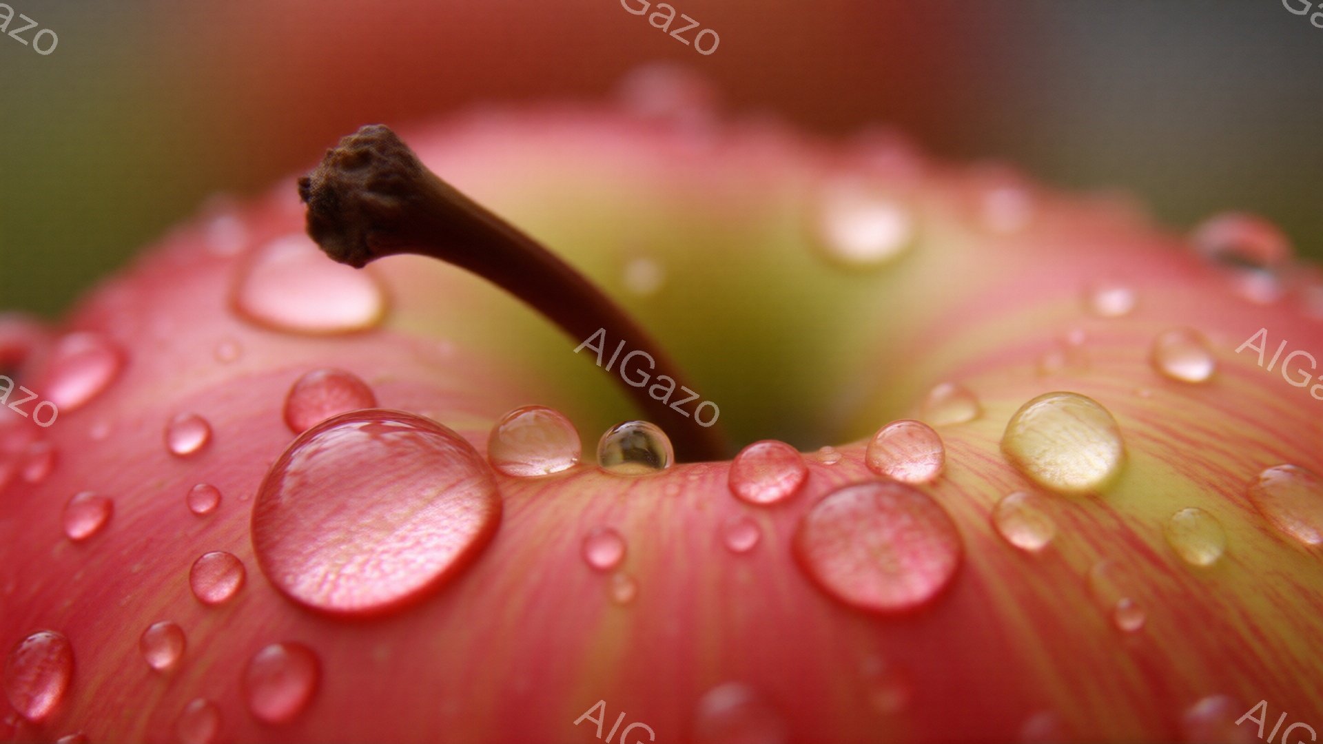 鮮やかな赤いりんごが、表面に水滴をまとって写っているクローズアップ写真です。りんごの軸が画面の上部に伸び、丸みを帯びた果皮には光が反射し、瑞々しい質感が強調されています。背景はぼやけており、緑色の葉がわずかに確認できる程度で、りんごそのものが主役となっています。