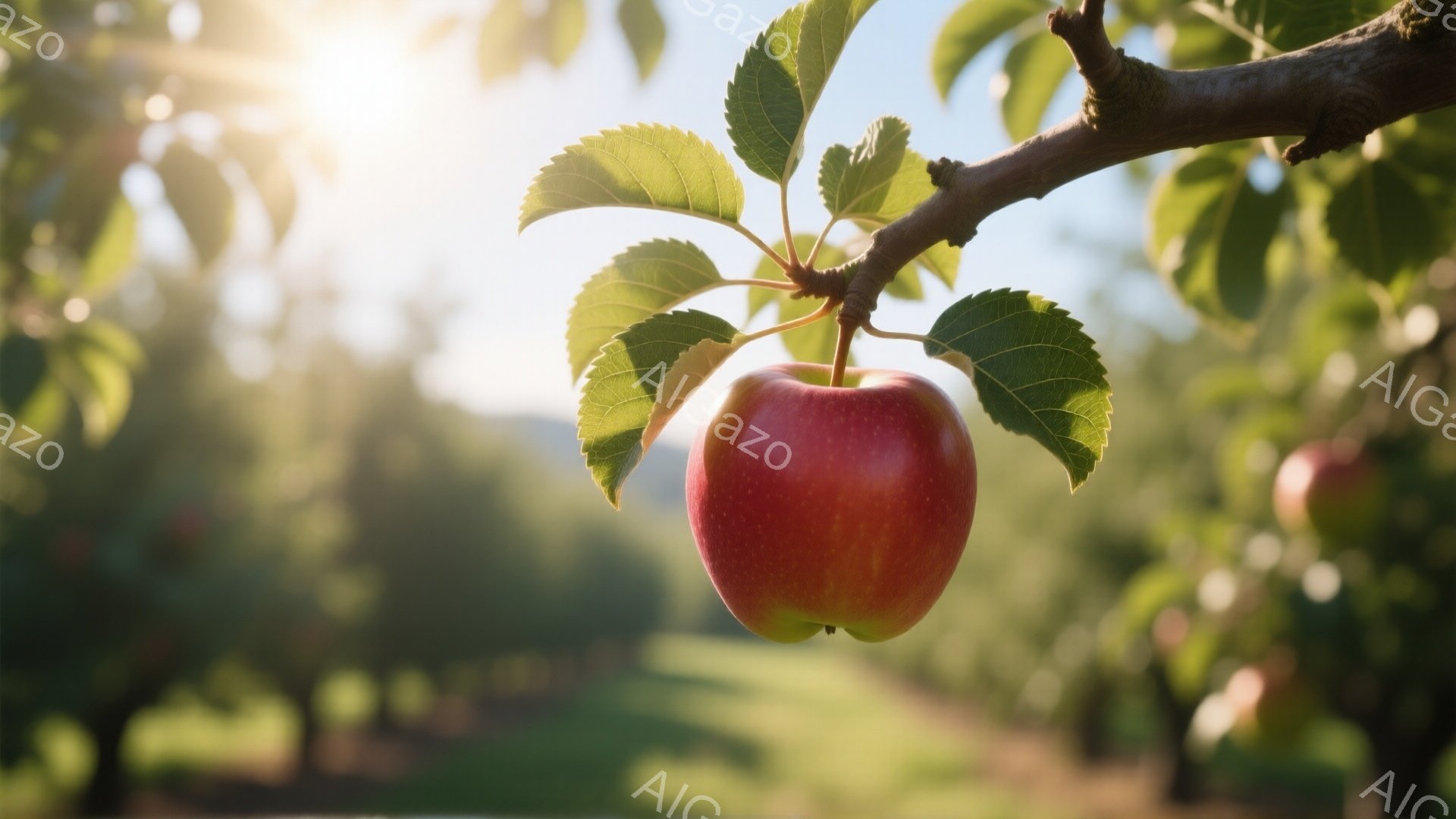 赤く熟したリンゴが枝に実っている様子が捉えられています。背景には緑豊かな木々と、ぼんやりとした風景が広がり、太陽の光が差し込んで明るい雰囲気です。リンゴの葉は鮮やかな緑色で、自然の恵みが感じられる穏や - AI生成フリー素材