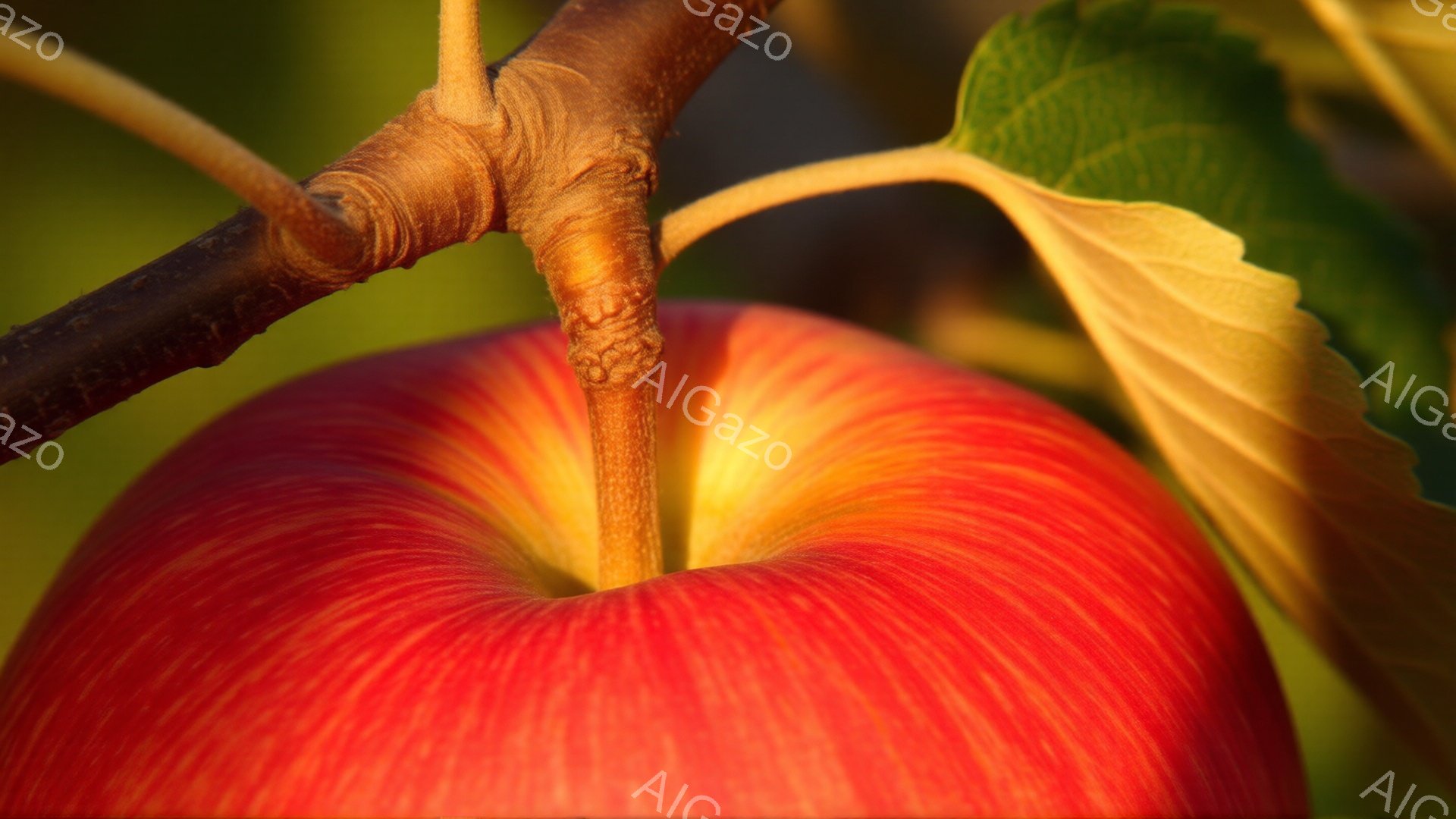 鮮やかな赤いリンゴが、茶色い枝に実っている様子が捉えられています。リンゴは光を受けて照らされており、表面には赤と黄色のグラデーションが見られます。背景には緑の葉がぼやけており、全体的に暖かく、豊かな秋の雰囲気が漂います。