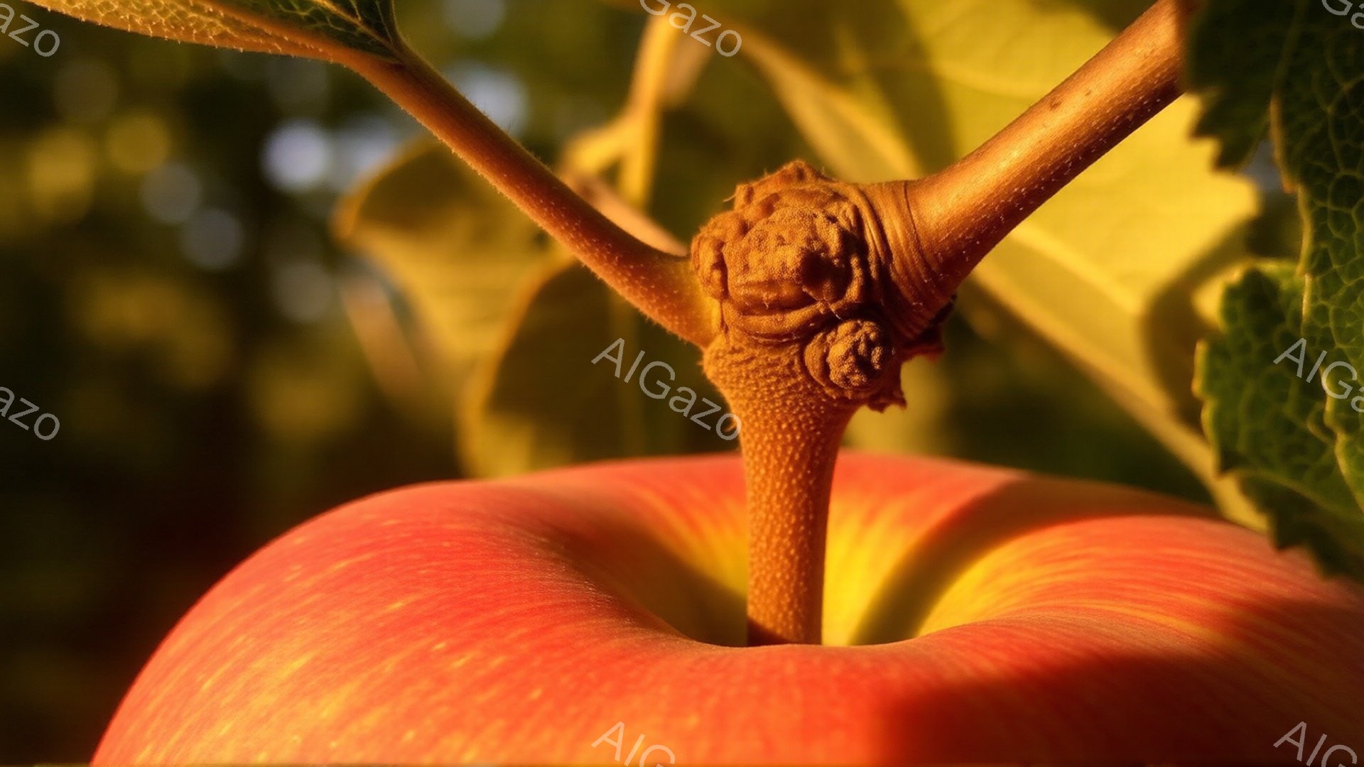 真っ赤なリンゴが画面の中心に大きく写っており、その上には茶色い枝が伸びています。背景は緑の葉っぱで覆われ、太陽光が差し込み、暖かく鮮やかな雰囲気を醸し出しています。リンゴの表面には光が当たり、滑らかで美味しそうな質感が強調されています。