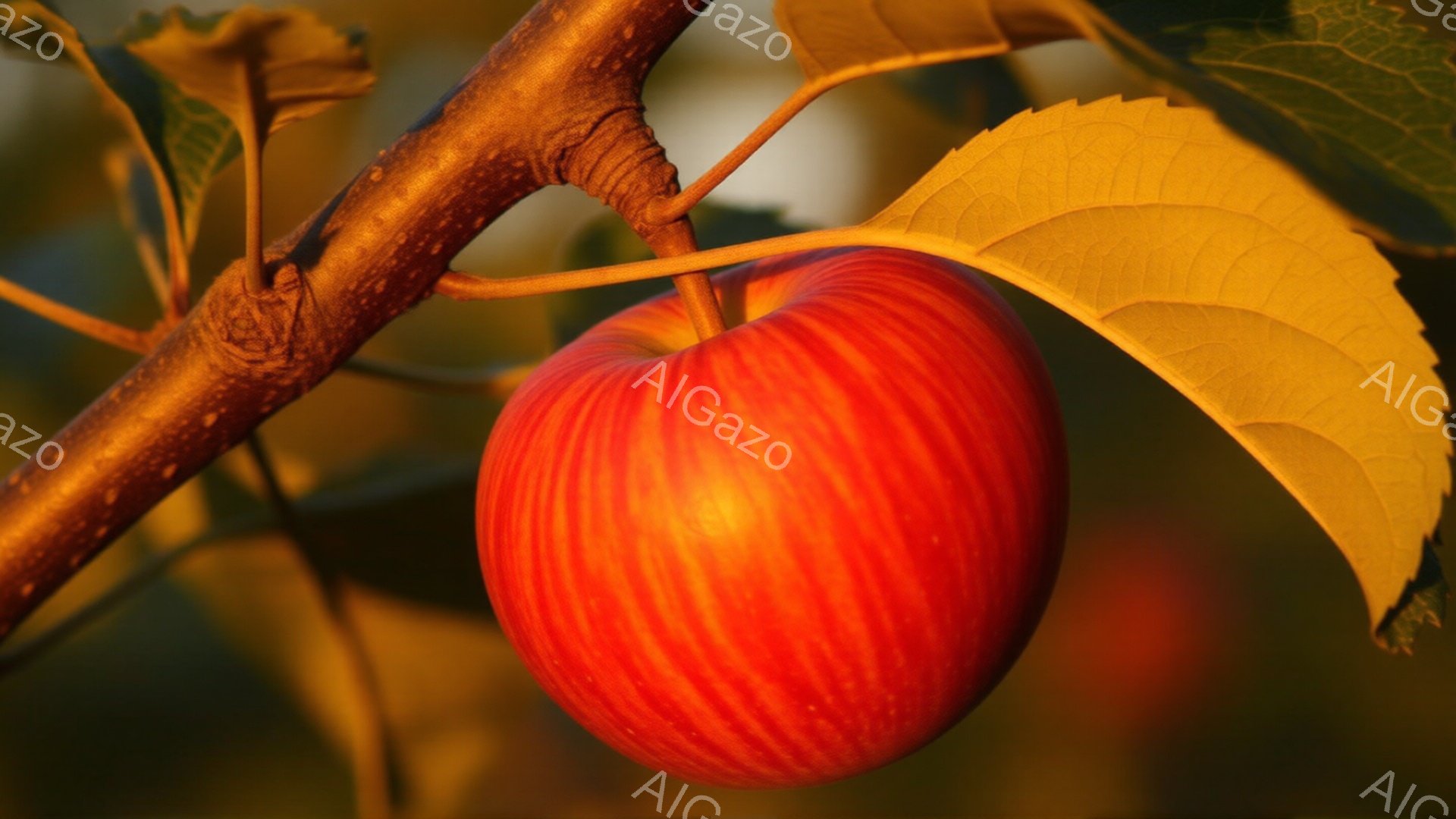 赤く熟したリンゴが木の枝に実っている様子が写っている。葉はわずかに黄色がかっており、秋の暖かく穏やかな光がリンゴと葉を照らしている。背景はぼやけており、リンゴが際立って見える。