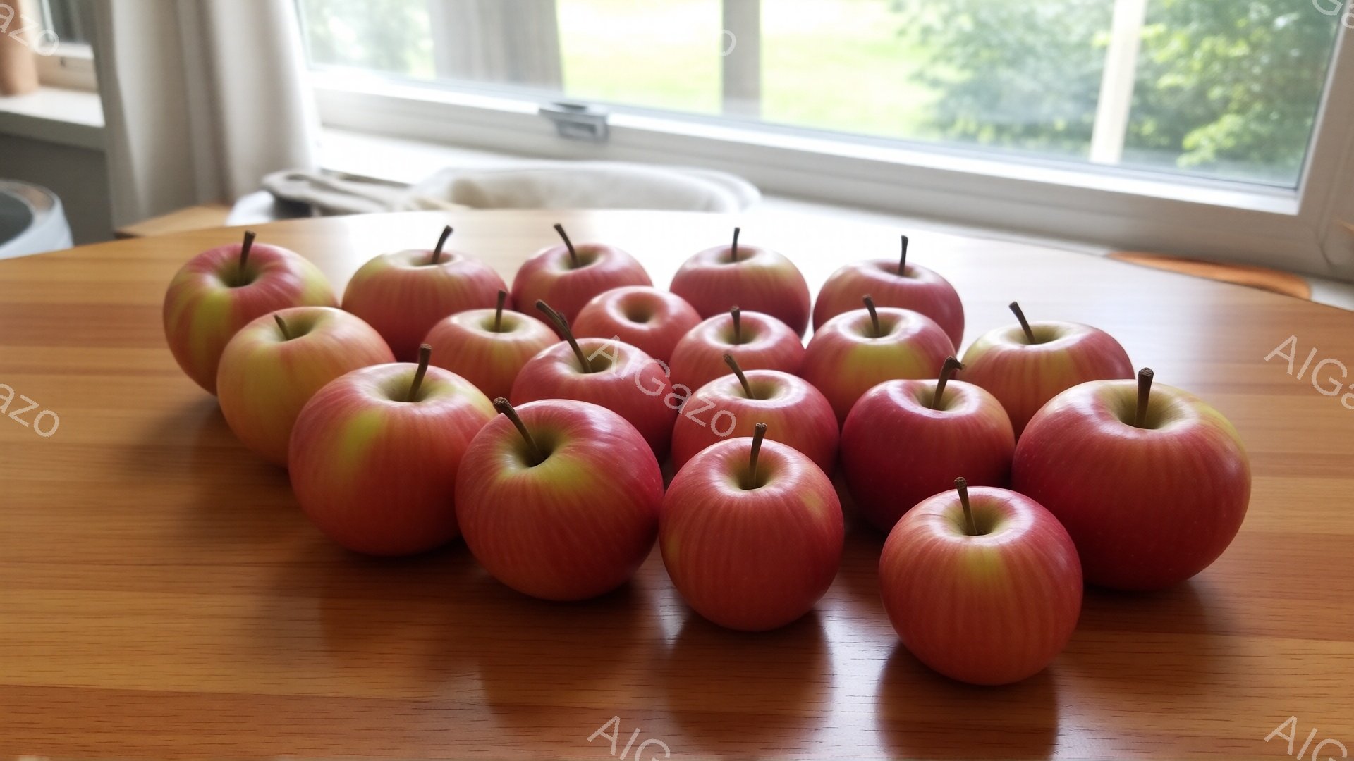 光沢のある赤いリンゴが木製のテーブルの上に並べられています。リンゴは丸く、表面にはわずかな赤みがかった色合いが見られます。背景には窓があり、明るい光が差し込み、全体的に温かく、心地よい雰囲気です。
