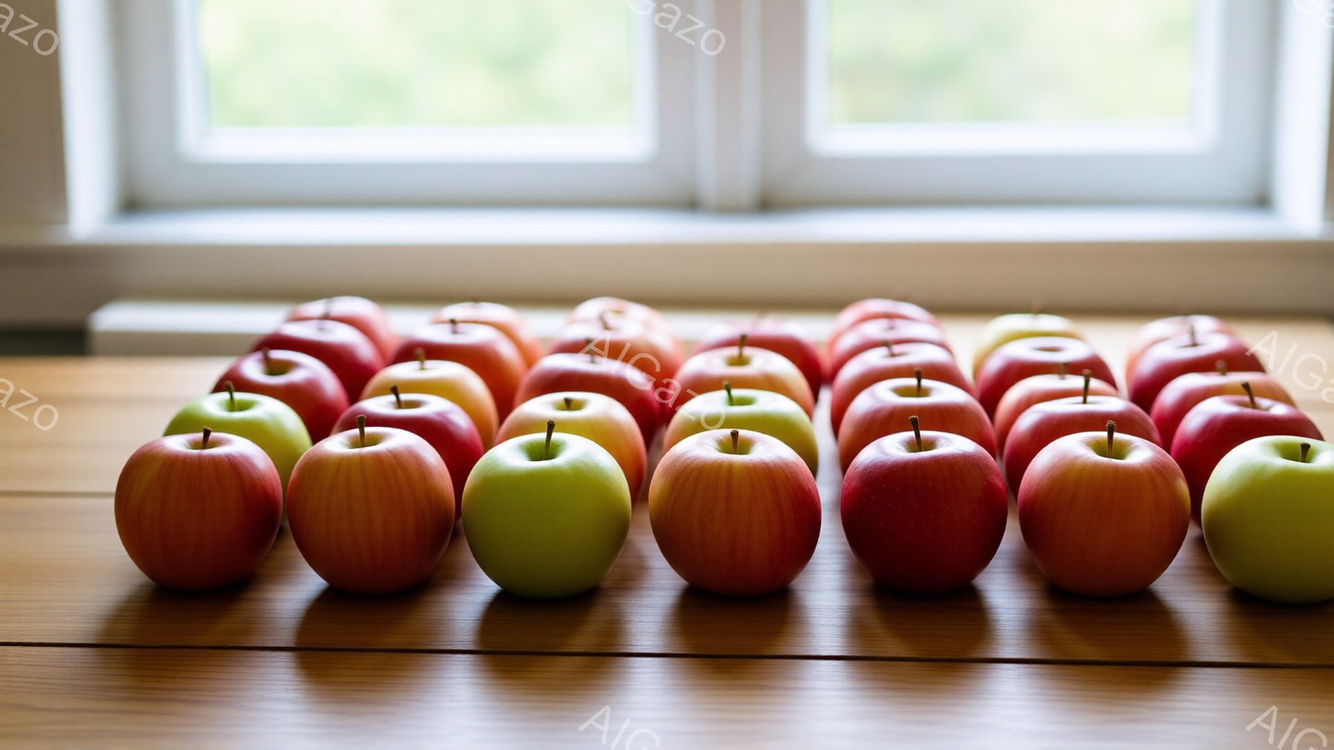 磨かれた木のテーブルの上に、赤色と緑色のリンゴが横一列に並べられています。リンゴはそれぞれ異なる色合いを持ち、光沢があり新鮮に見えます。背景には、光が差し込む窓が見え、全体的に明るく穏やかな雰囲気が漂っています。
