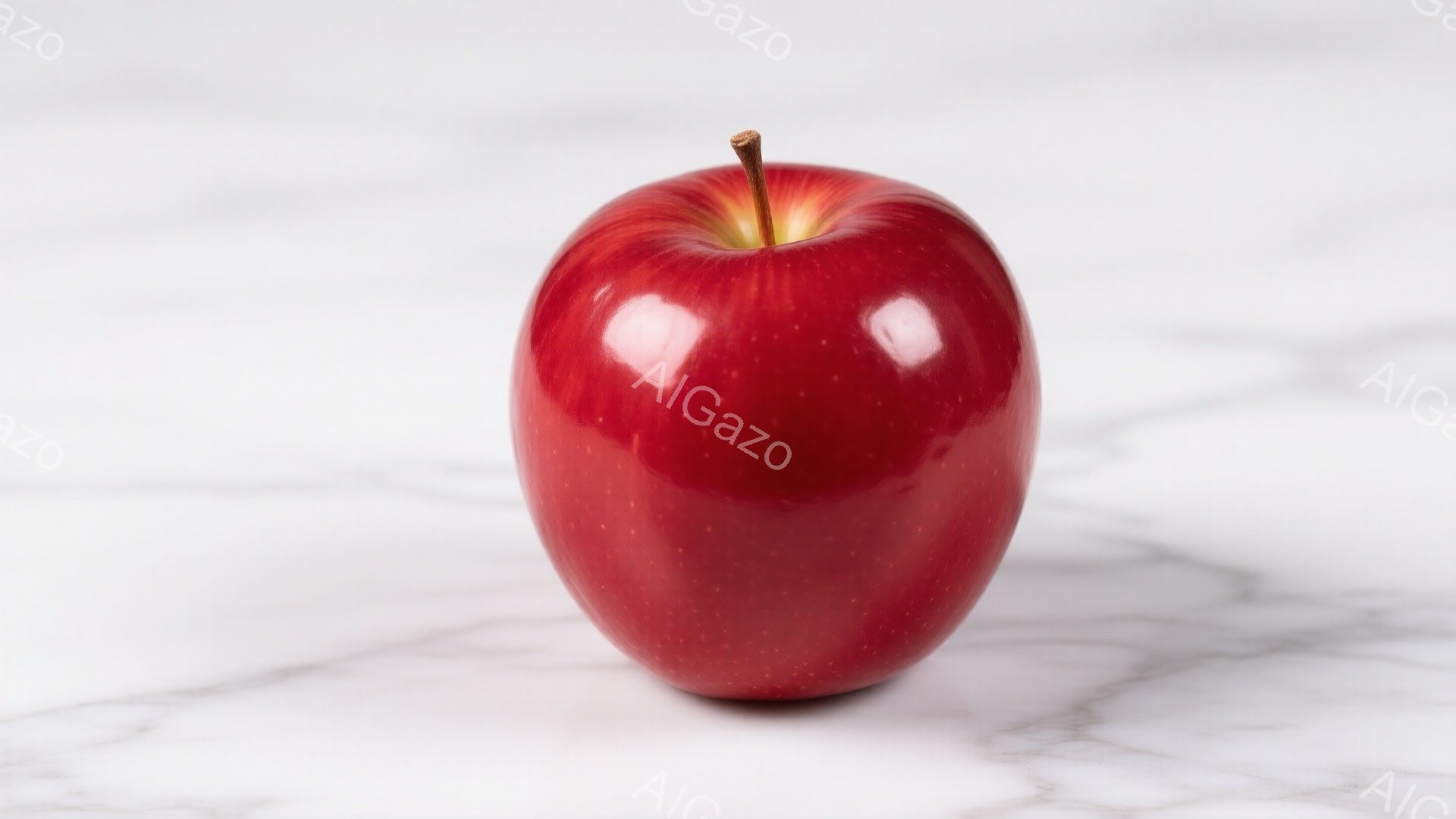 真っ赤なリンゴが、白い大理石のような背景に置かれています。光沢があり、表面には小さな斑点が見られます。背景は白を基調とし、繊細なグレーの模様が描かれており、リンゴが際立っています。