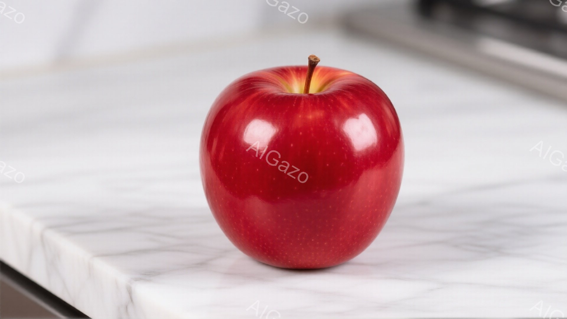 真っ赤なリンゴが、白い大理石のような台の上に置かれています。リンゴは艶やかで、光を反射しており、まるで宝石のようです。背景は少しぼやけており、台の質感とリンゴの鮮やかさが際立っています。